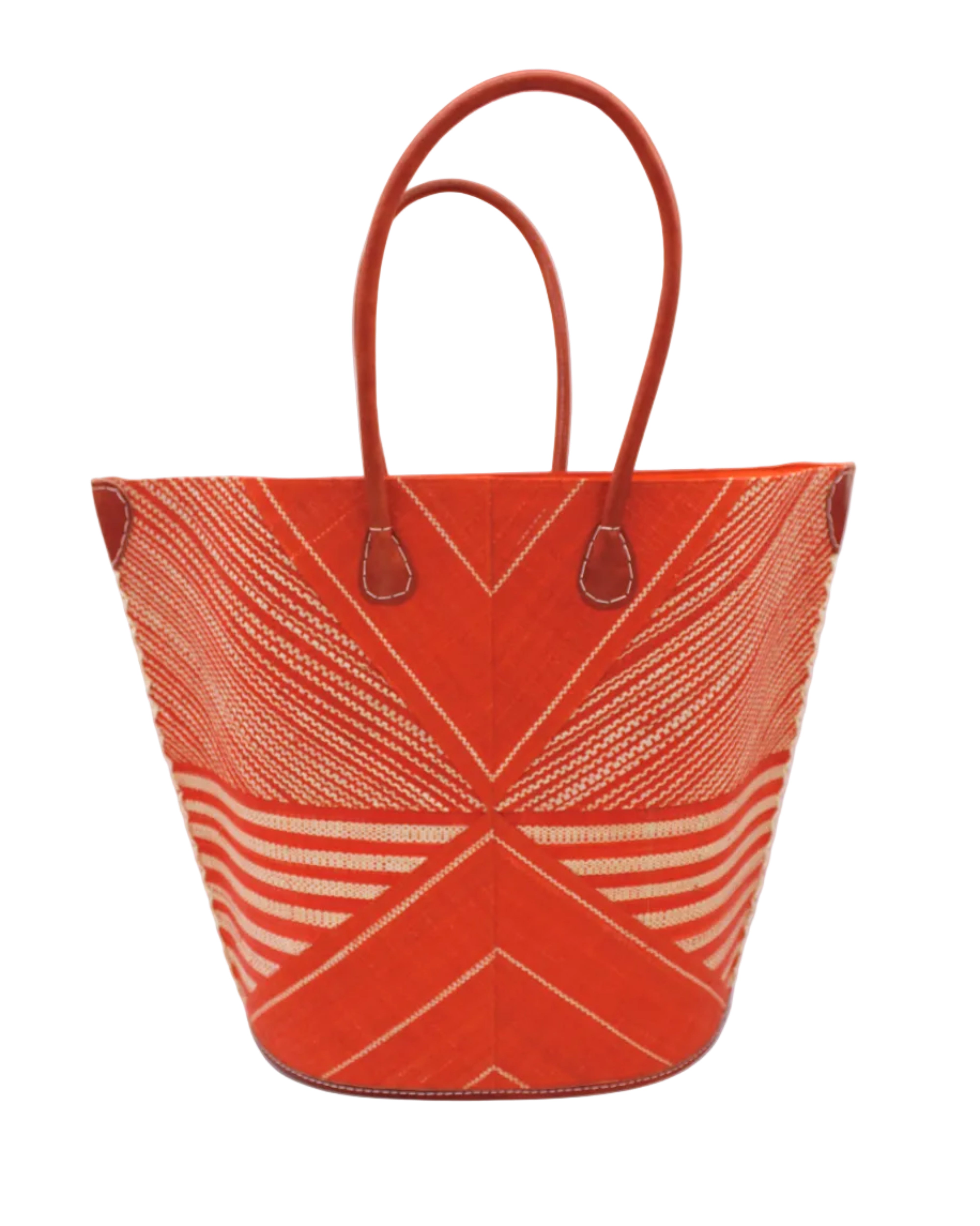 Mariposa Large Straw Tote Bag handmade loomed natural raffia palm fiber in a multi paneled pattern design of pinstripe, melange, and wide stripe combinations geometrically radiating from the center point of the bag outwards in a two tone color combination of Coral orange/red and natural straw color with a solid hue of color on the back of the bag plus leather handles and embellishments shoulder bag - Shebobo
