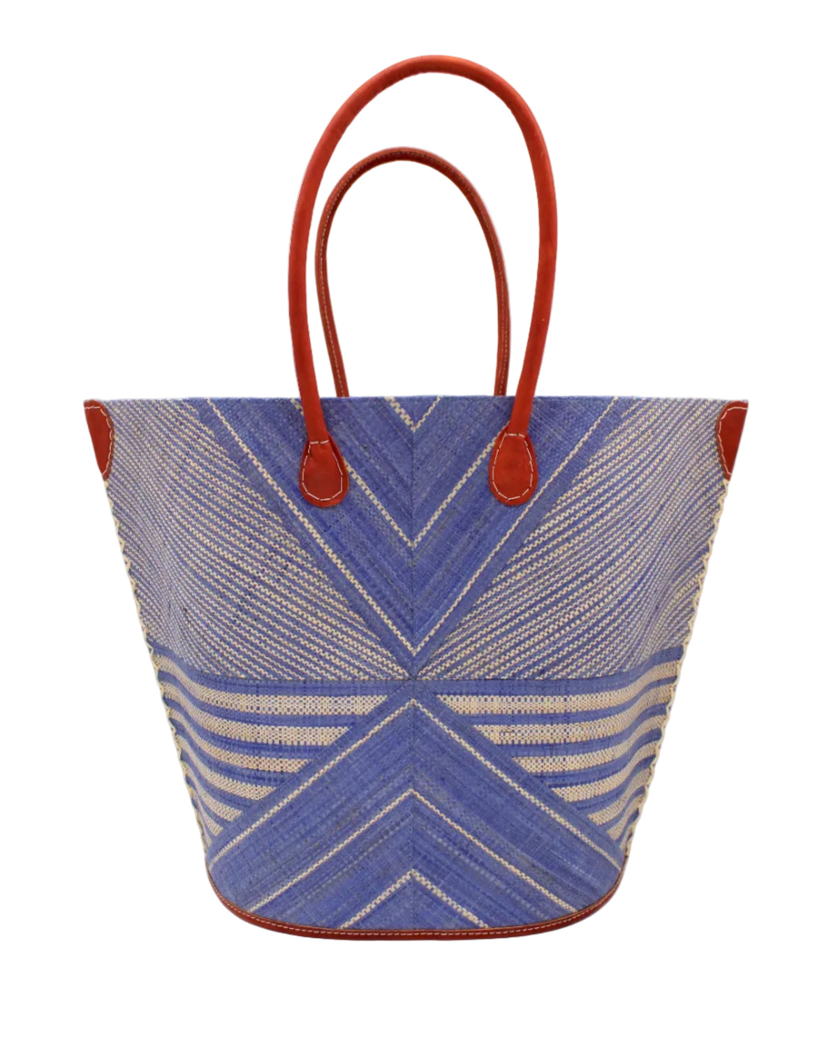 Mariposa Large Straw Tote Bag handmade loomed natural raffia palm fiber in a multi paneled pattern design of pinstripe, melange, and wide stripe combinations geometrically radiating from the center point of the bag outwards in a two tone color combination of Denim retro/light/blue and natural straw color with a solid hue of color on the back of the bag plus leather handles and embellishments shoulder bag - Shebobo