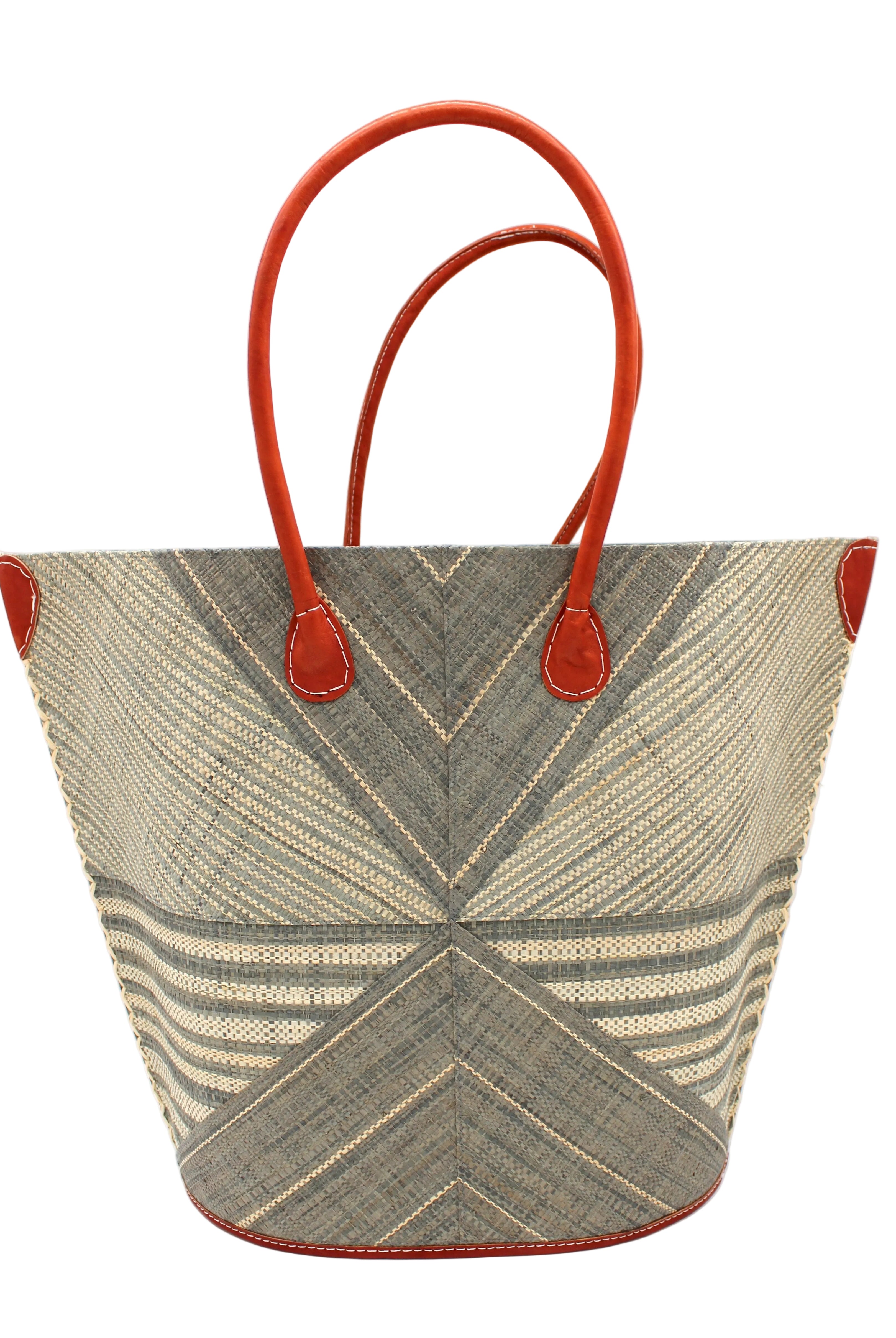Mariposa Large Straw Tote Bag handmade loomed natural raffia palm fiber in a multi paneled pattern design of pinstripe, melange, and wide stripe combinations geometrically radiating from the center point of the bag outwards in a two tone color combination of Grey and natural straw color with a solid hue of color on the back of the bag plus leather handles and embellishments shoulder bag - Shebobo