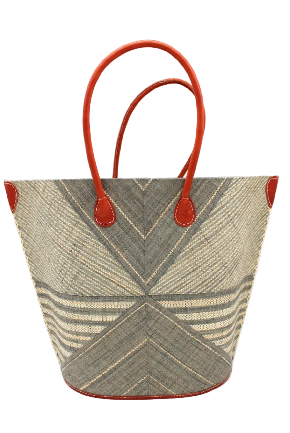 Mariposa Large Straw Tote Bag handmade loomed natural raffia palm fiber in a multi paneled pattern design of pinstripe, melange, and wide stripe combinations geometrically radiating from the center point of the bag outwards in a two tone color combination of Grey and natural straw color with a solid hue of color on the back of the bag plus leather handles and embellishments shoulder bag - Shebobo