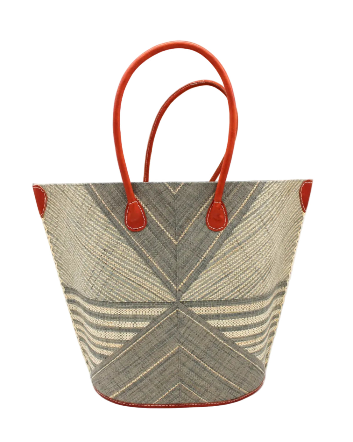 Mariposa Large Straw Tote Bag handmade loomed natural raffia palm fiber in a multi paneled pattern design of pinstripe, melange, and wide stripe combinations geometrically radiating from the center point of the bag outwards in a two tone color combination of Grey and natural straw color with a solid hue of color on the back of the bag plus leather handles and embellishments shoulder bag - Shebobo