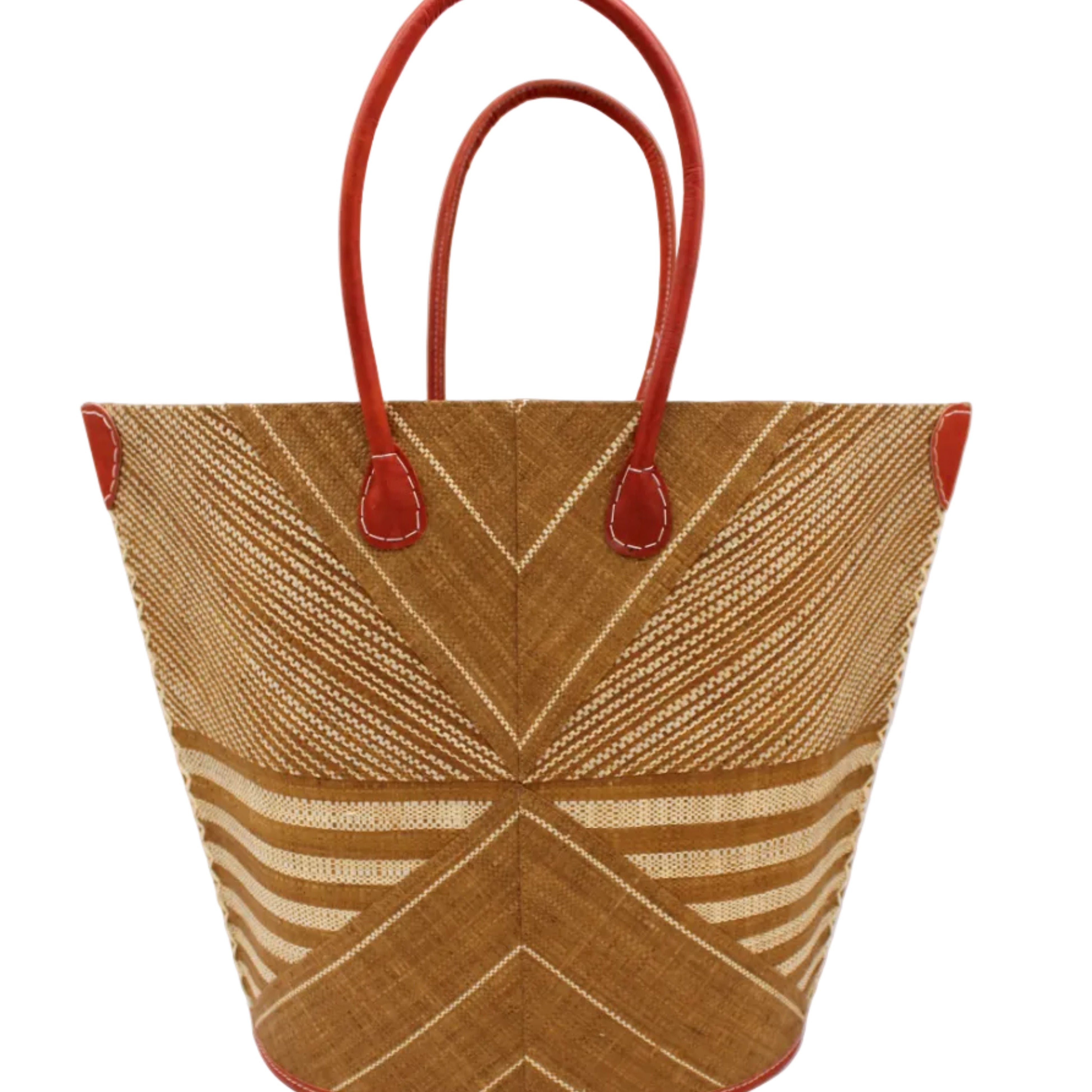 Mariposa Large Straw Tote Bag handmade loomed natural raffia palm fiber in a multi paneled pattern design of pinstripe, melange, and wide stripe combinations geometrically radiating from the center point of the bag outwards in a two tone color combination of Tobacco cinnamon/dark/brown and natural straw color with a solid hue of color on the back of the bag plus leather handles and embellishments shoulder bag - Shebobo