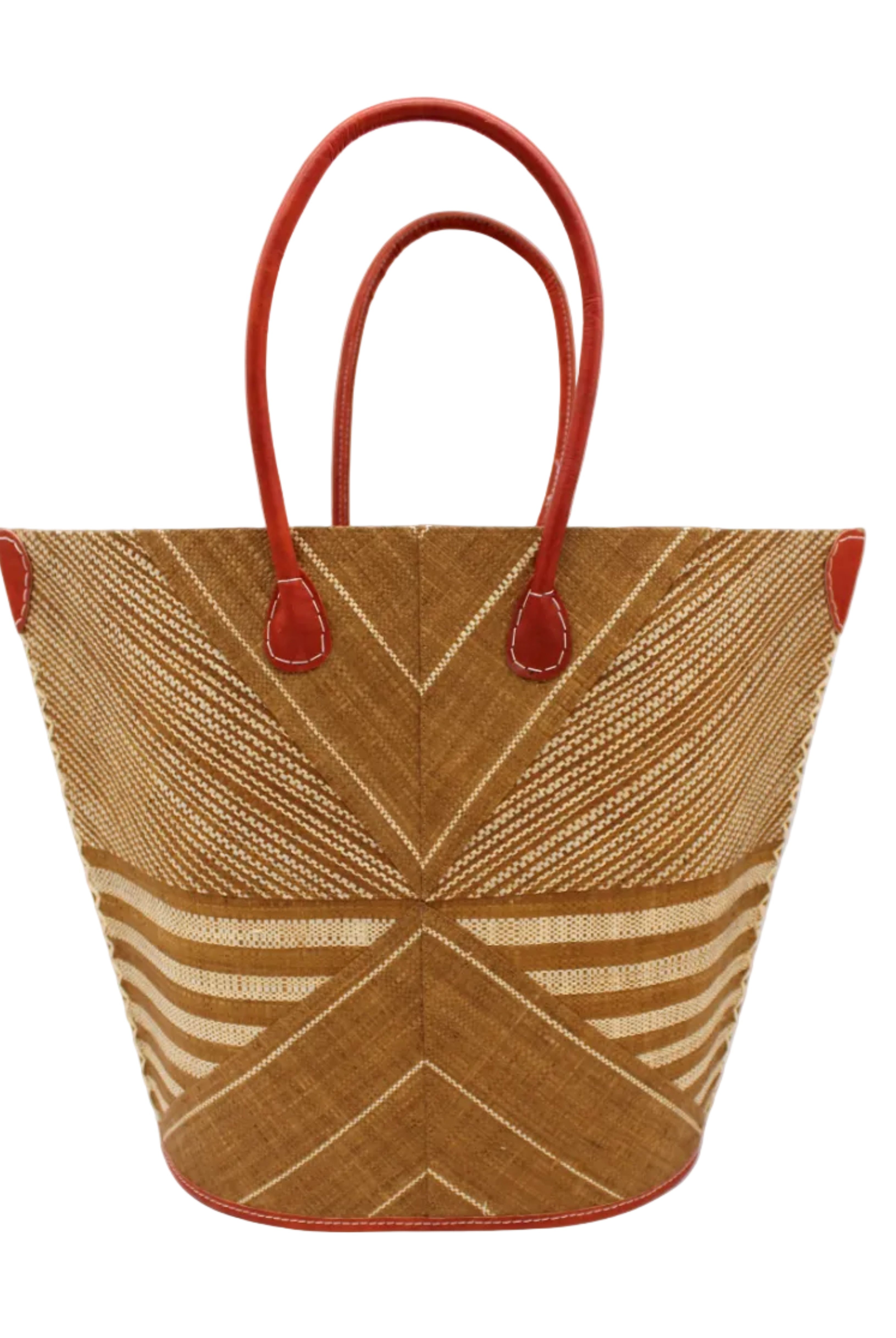 Mariposa Large Straw Tote Bag handmade loomed natural raffia palm fiber in a multi paneled pattern design of pinstripe, melange, and wide stripe combinations geometrically radiating from the center point of the bag outwards in a two tone color combination of Tobacco cinnamon/dark/brown and natural straw color with a solid hue of color on the back of the bag plus leather handles and embellishments shoulder bag - Shebobo