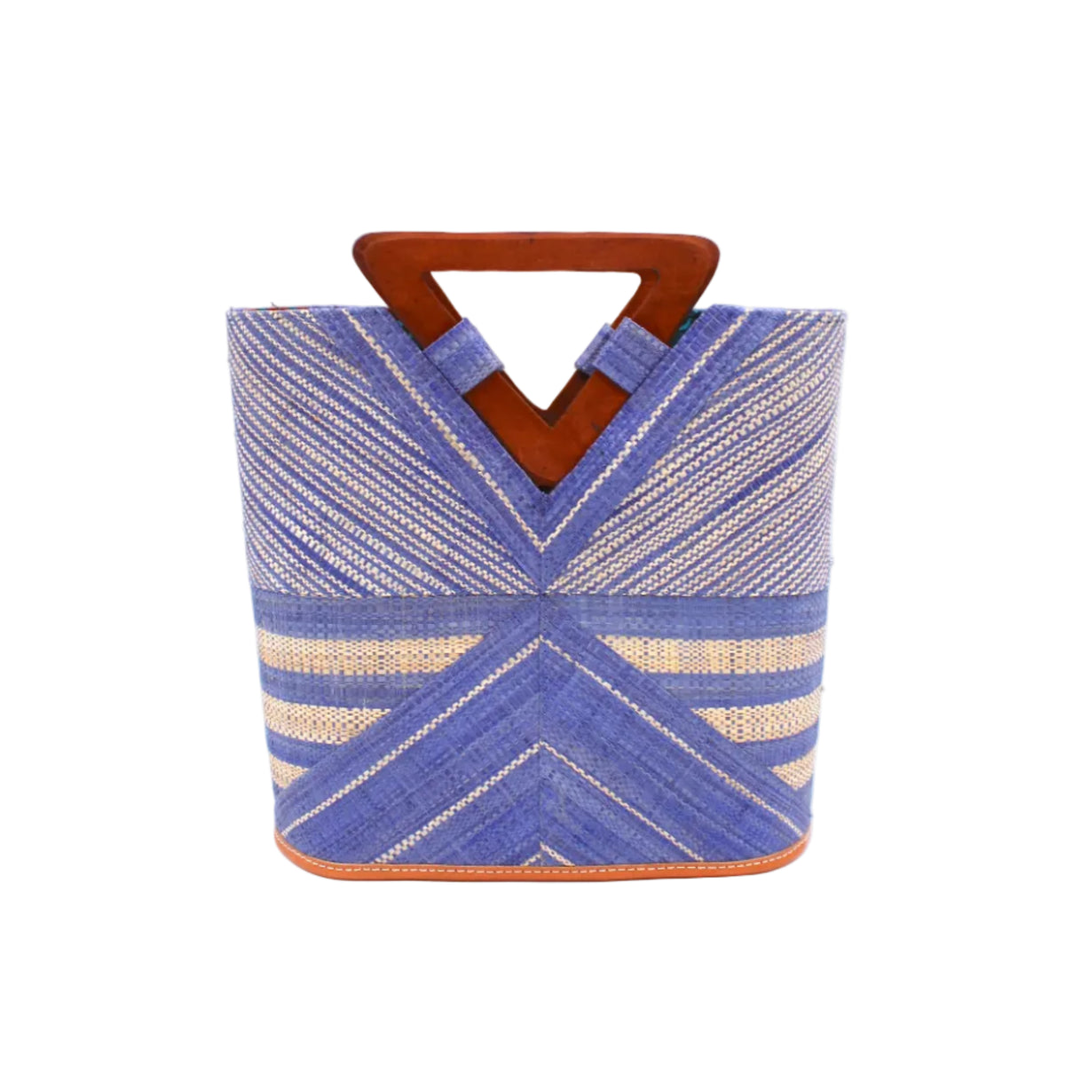 Mariposa Zuki Raffia Straw Bucket Handbag with Wood Triangle Handles handmade loomed raffia palm fiber in a multi paneled pattern design of pinstripe, melange, and wide stripe combinations geometrically radiating from the center point of the bag outwards in a two tone color combination of Denim and Natural straw color with a solid hue of color on the back of the bag plus carved wooden handles purse - Shebobo