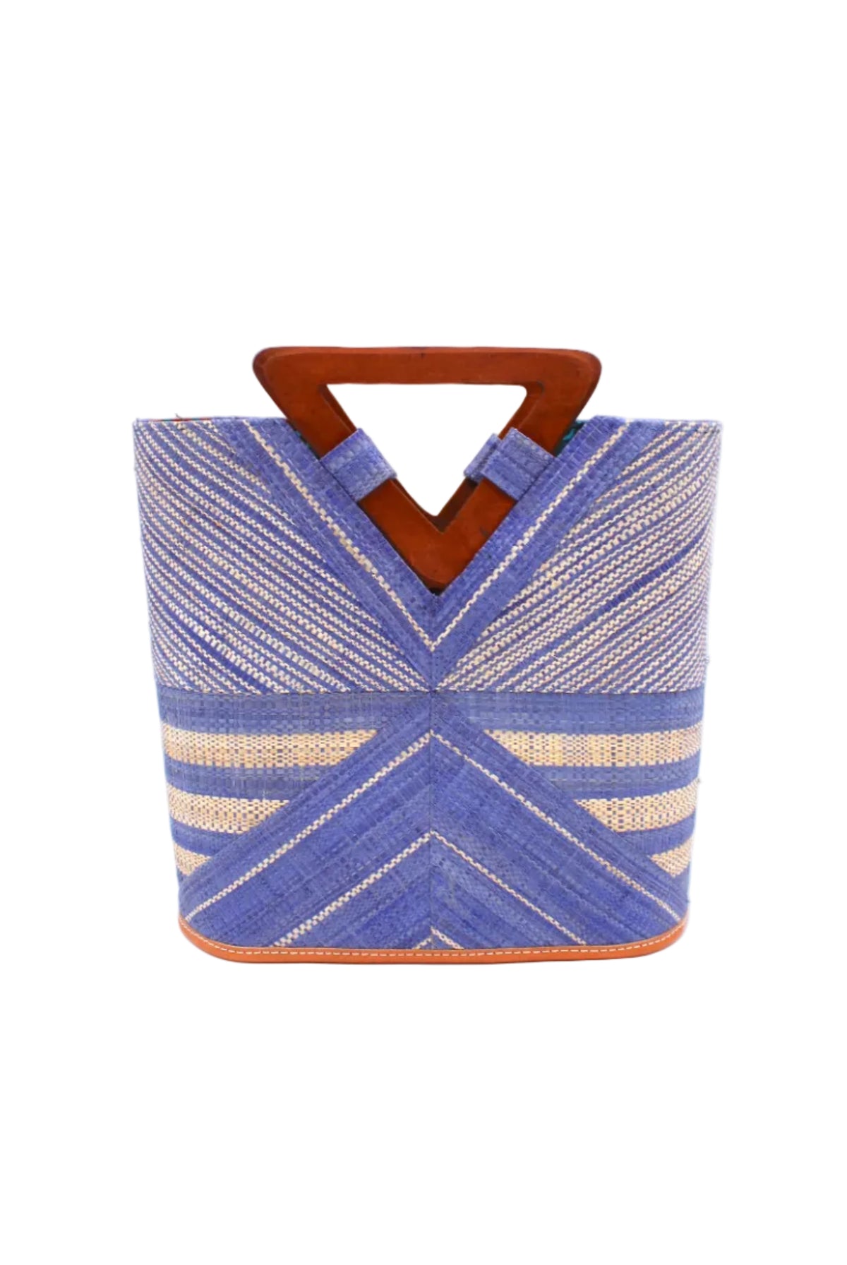 Mariposa Zuki Raffia Straw Bucket Handbag with Wood Triangle Handles handmade loomed raffia palm fiber in a multi paneled pattern design of pinstripe, melange, and wide stripe combinations geometrically radiating from the center point of the bag outwards in a two tone color combination of Denim and Natural straw color with a solid hue of color on the back of the bag plus carved wooden handles purse - Shebobo