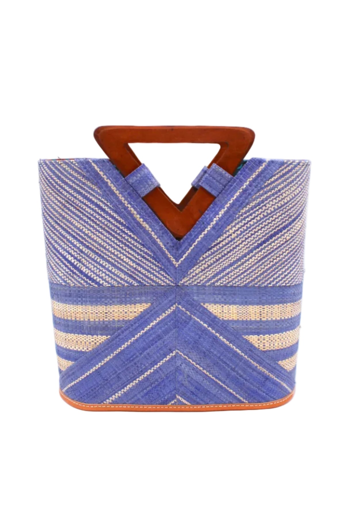 Mariposa Zuki Raffia Straw Bucket Handbag with Wood Triangle Handles handmade loomed raffia palm fiber in a multi paneled pattern design of pinstripe, melange, and wide stripe combinations geometrically radiating from the center point of the bag outwards in a two tone color combination of Denim and Natural straw color with a solid hue of color on the back of the bag plus carved wooden handles purse - Shebobo