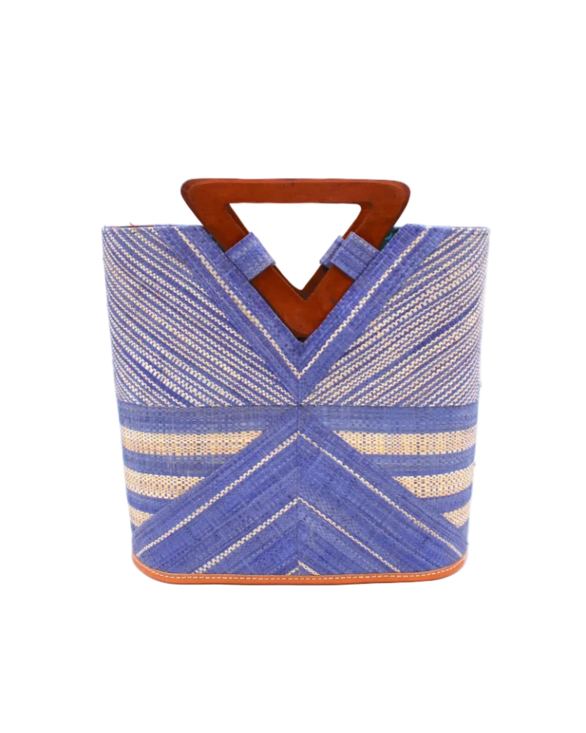 Mariposa Zuki Raffia Straw Bucket Handbag with Wood Triangle Handles handmade loomed raffia palm fiber in a multi paneled pattern design of pinstripe, melange, and wide stripe combinations geometrically radiating from the center point of the bag outwards in a two tone color combination of Denim and Natural straw color with a solid hue of color on the back of the bag plus carved wooden handles purse - Shebobo