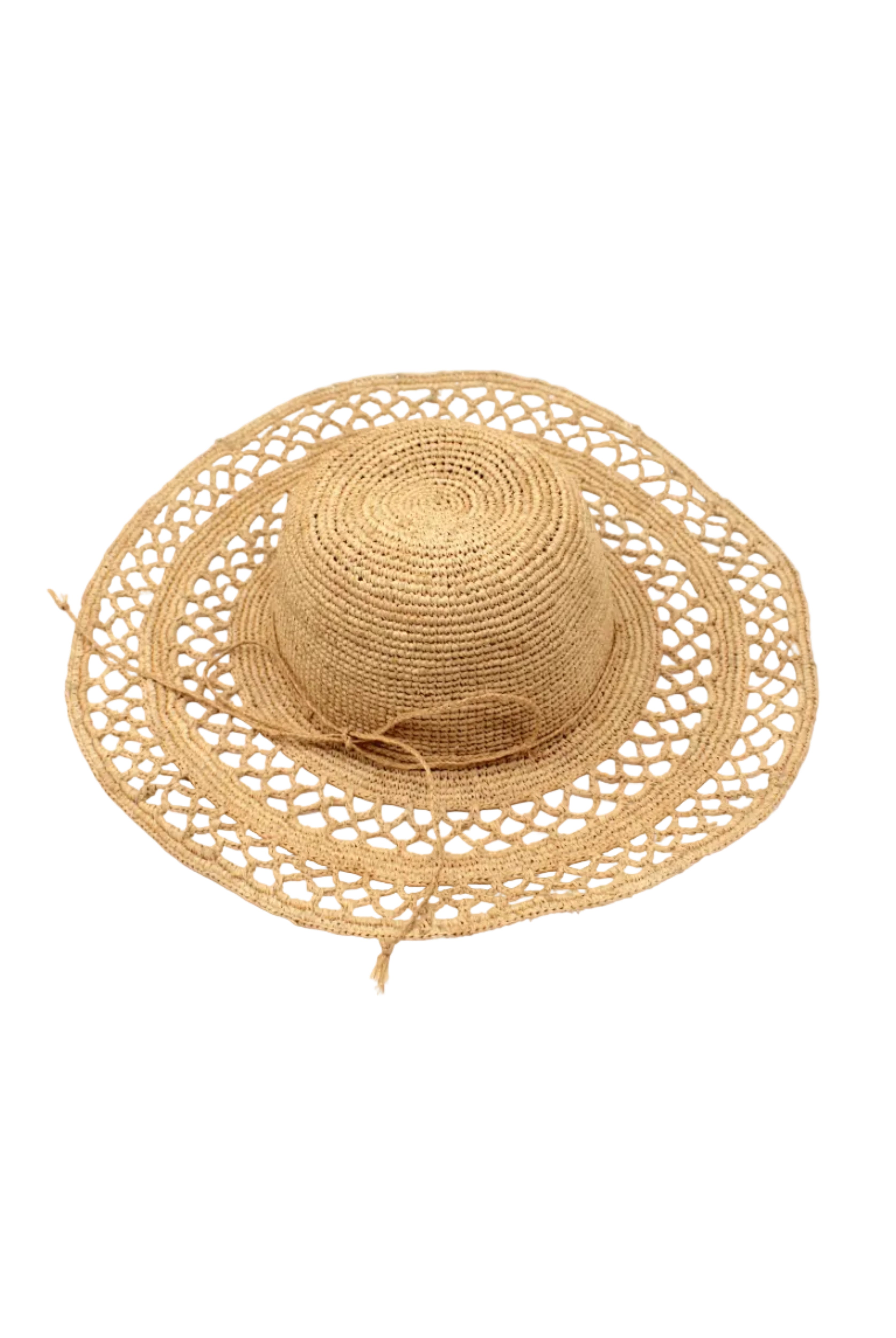 Millie 4.5" Wide Brim Crochet Scallop Pattern Raffia Straw Sun Hat with Adjustable Wire Edge handmade woven natural raffia palm fiber in a solid hue of natural straw color with concentric spiral subtle link pattern starting on the top of the crown outwards with two circular bands of open scallop pattern weave on the brim separated by thicker bands of link texture with matching raffia braid hat band - Shebobo