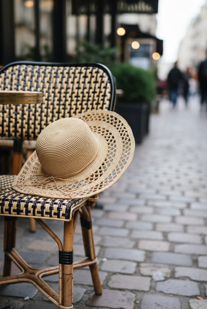 Lifestyle view Millie 4.5" Wide Brim Crochet Scallop Pattern Raffia Straw Sun Hat with Adjustable Wire Edge handmade woven natural raffia palm fiber in a solid hue of natural straw color with concentric spiral subtle link pattern starting on the top of the crown outwards with two circular bands of open scallop pattern weave on the brim separated by thicker bands of link texture with matching raffia braid hat band - Shebobo