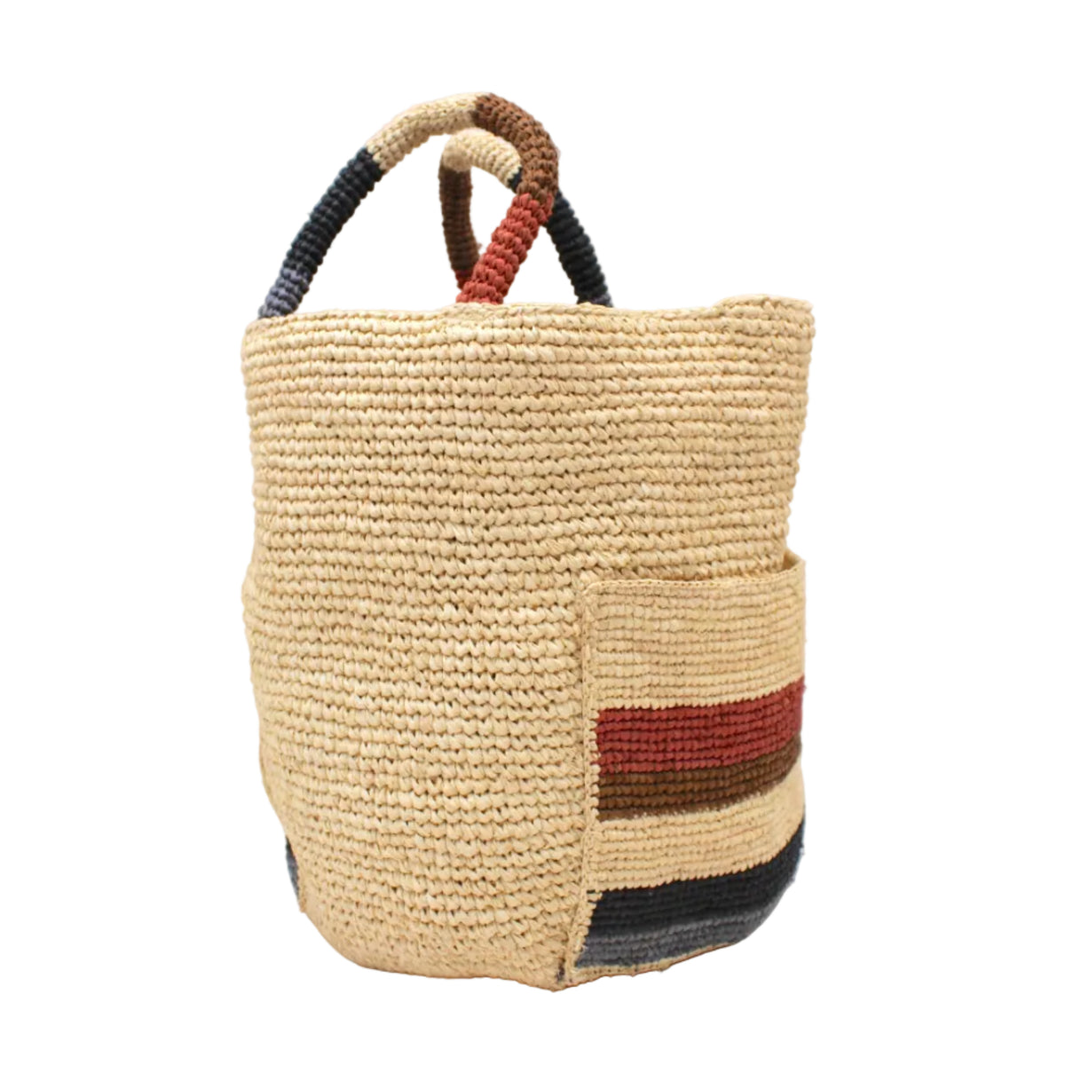 Side view Milos Monaco Stripes Crochet Straw Basket Handbag with Pockets handmade natural raffia palm fiber in a solid hue of natural straw color on the body of the bag with multicolor wide stripe pattern of blush orange/pink, tobacco dark/cinnamon/brown, black, and gray on both handles as well as two large external pockets tote bag - Shebobo