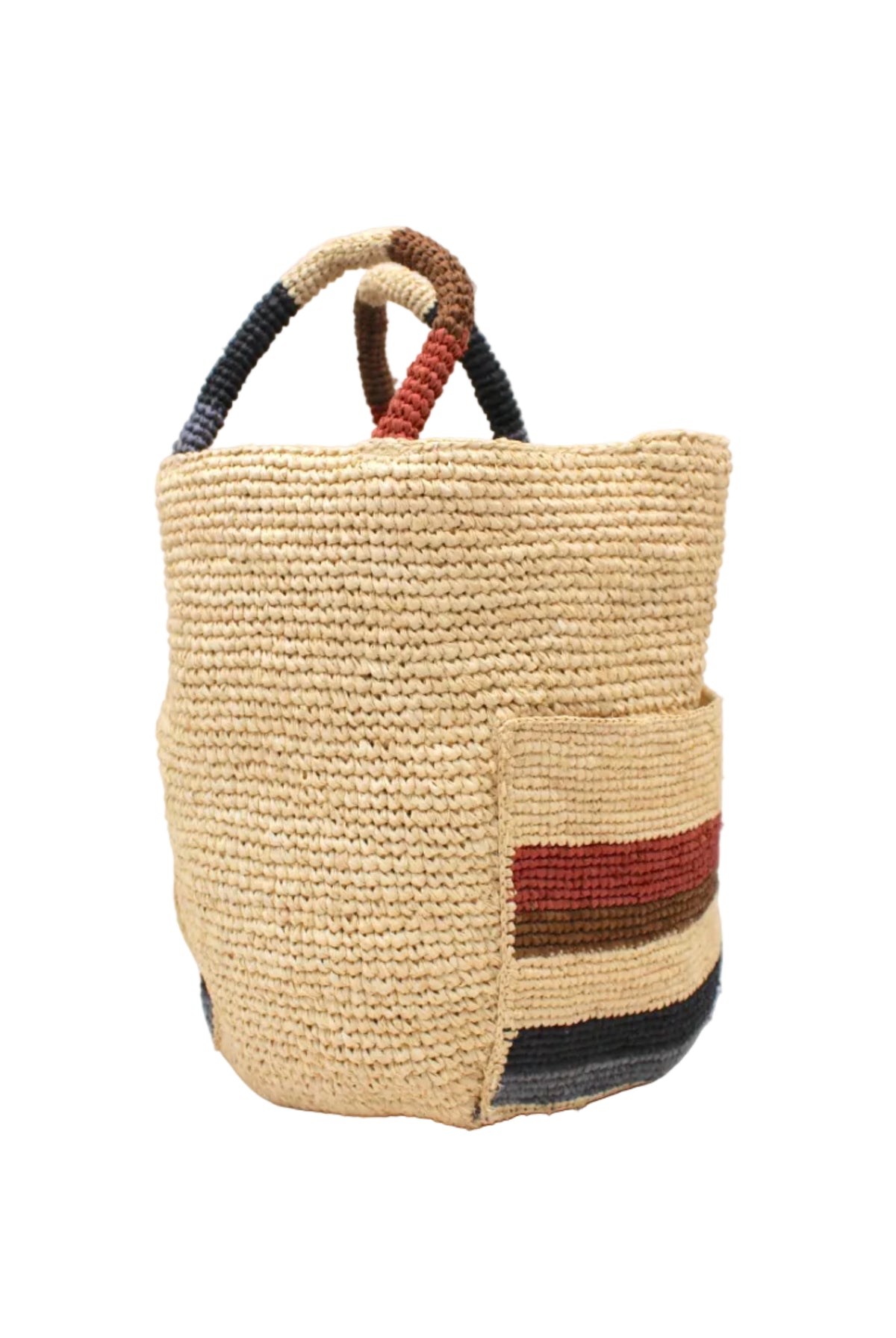 Side view Milos Monaco Stripes Crochet Straw Basket Handbag with Pockets handmade natural raffia palm fiber in a solid hue of natural straw color on the body of the bag with multicolor wide stripe pattern of blush orange/pink, tobacco dark/cinnamon/brown, black, and gray on both handles as well as two large external pockets tote bag - Shebobo