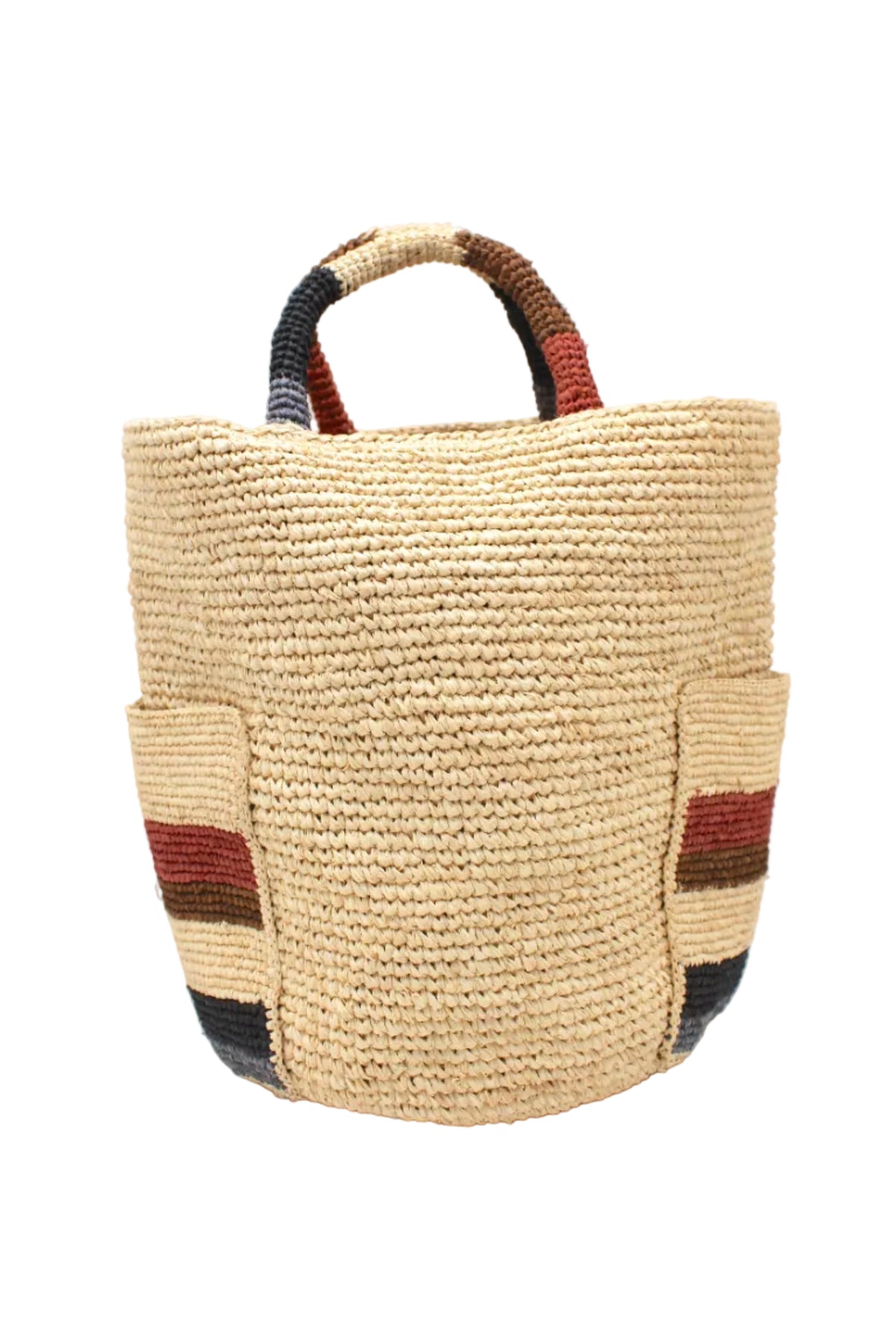 Milos Monaco Stripes Crochet Straw Basket Handbag with Pockets handmade natural raffia palm fiber in a solid hue of natural straw color on the body of the bag with multicolor wide stripe pattern of blush orange/pink, tobacco dark/cinnamon/brown, black, and gray on both handles as well as two large external pockets tote bag - Shebobo