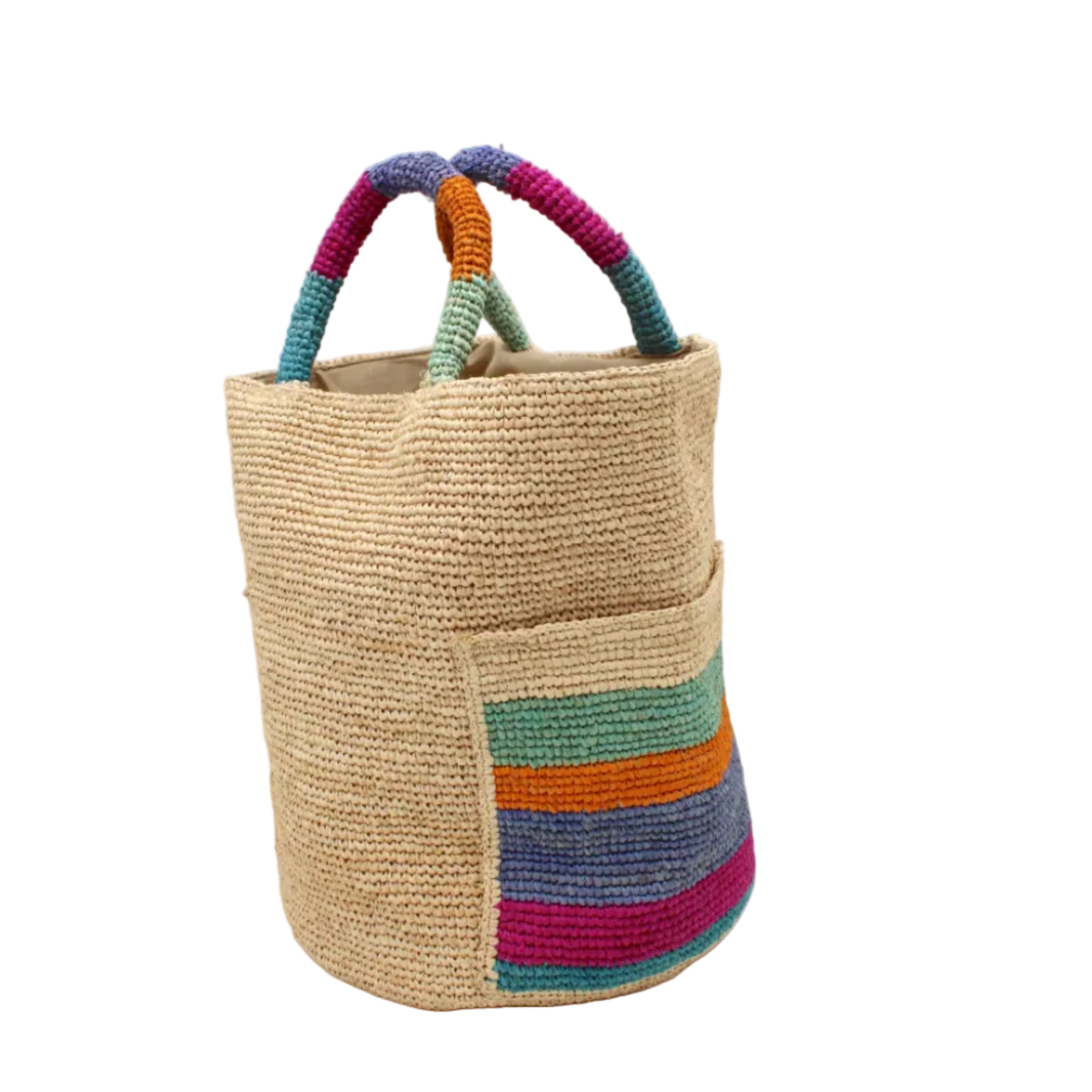 Side view Milos Caribbean Stripes Crochet Straw Basket Handbag with Pockets handmade natural raffia palm fiber in a solid hue of natural straw color on the body of the bag with multicolor wide stripe pattern of turquoise blue/green, fuchsia hot/bright/barbie/pink, denim retro/light/blue, saffron yellow/orange, and seafoam light/blue/green on both handles as well as two large external pockets tote bag - Shebobo
