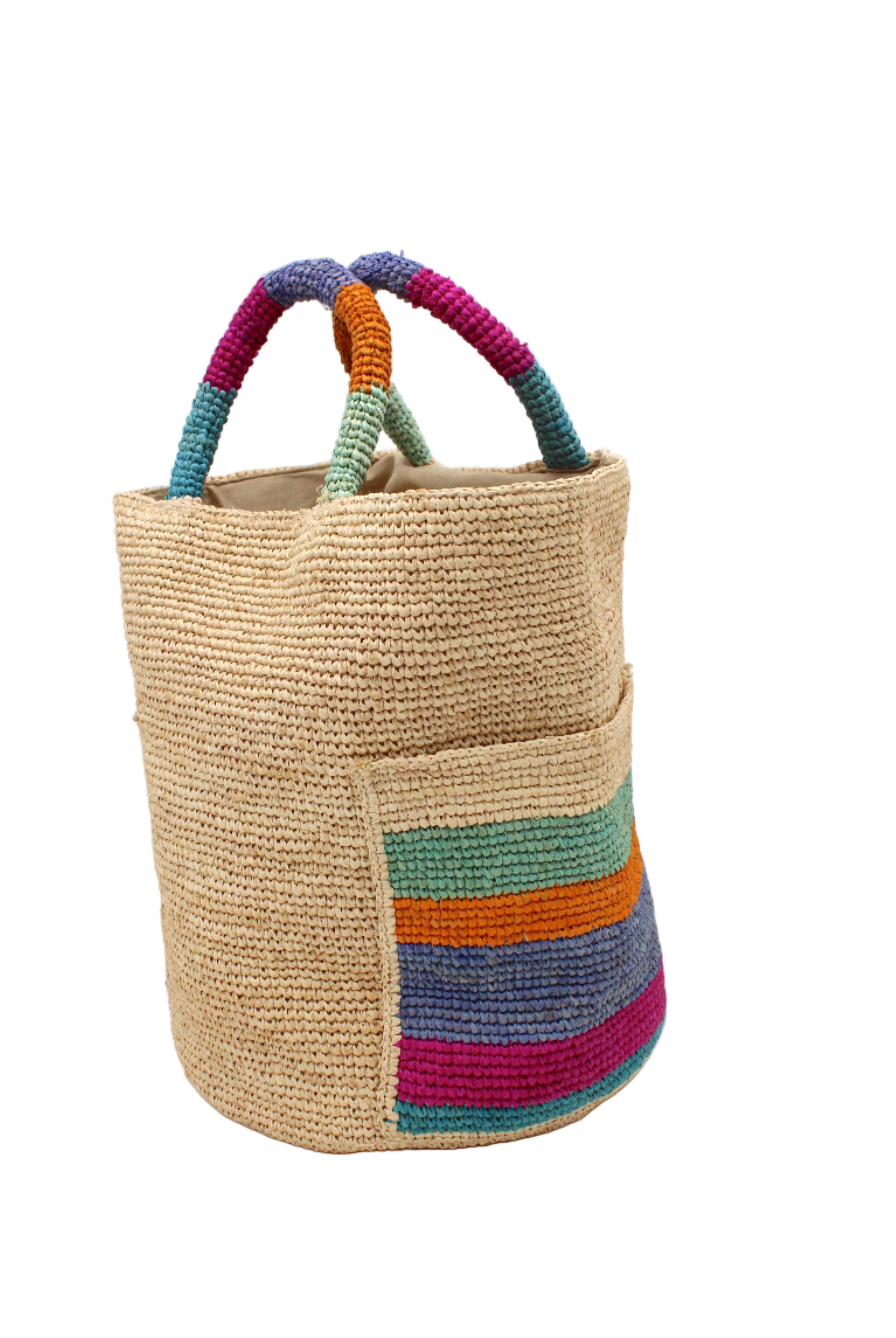Side view Milos Caribbean Stripes Crochet Straw Basket Handbag with Pockets handmade natural raffia palm fiber in a solid hue of natural straw color on the body of the bag with multicolor wide stripe pattern of turquoise blue/green, fuchsia hot/bright/barbie/pink, denim retro/light/blue, saffron yellow/orange, and seafoam light/blue/green on both handles as well as two large external pockets tote bag - Shebobo