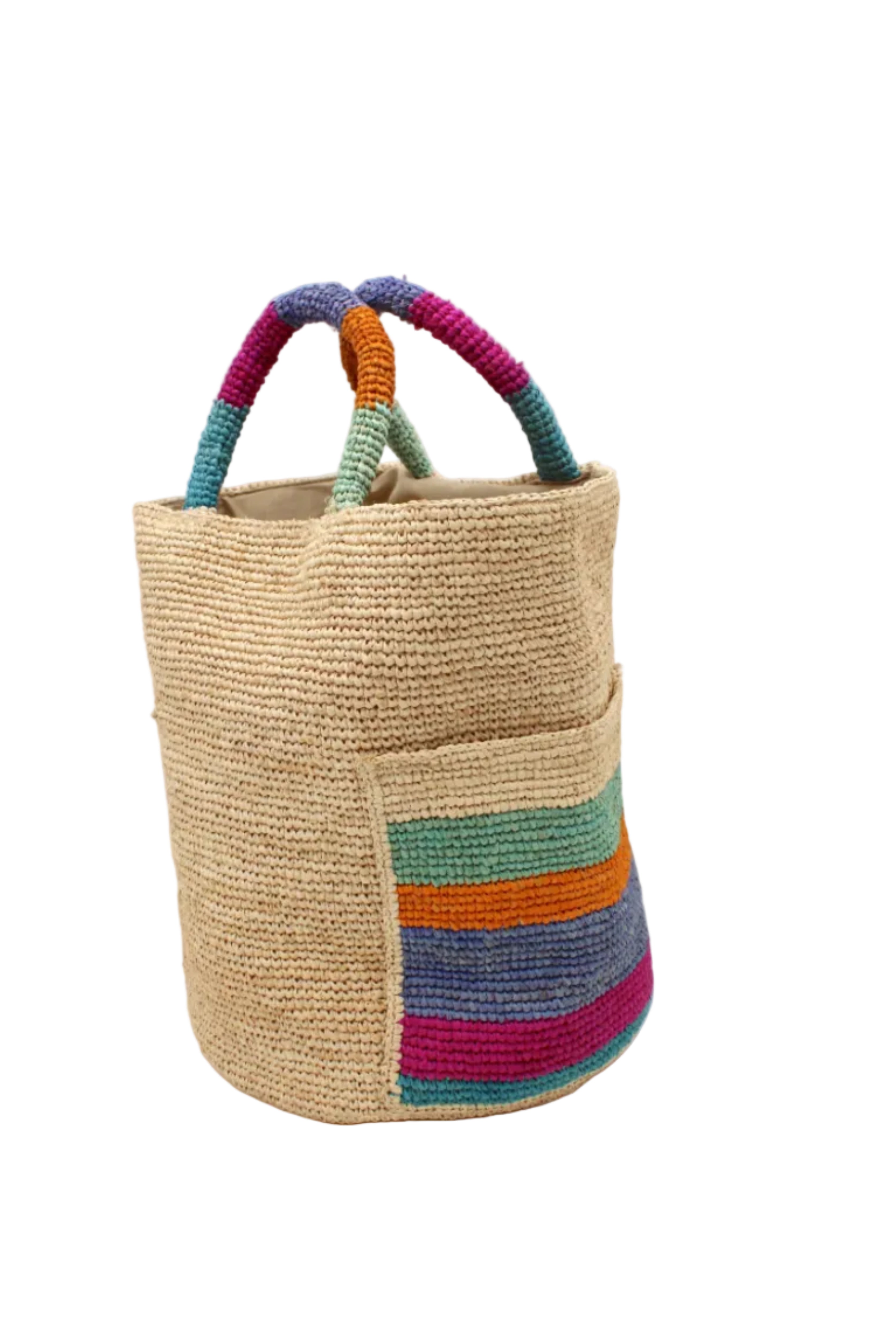Side view Milos Caribbean Stripes Crochet Straw Basket Handbag with Pockets handmade natural raffia palm fiber in a solid hue of natural straw color on the body of the bag with multicolor wide stripe pattern of turquoise blue/green, fuchsia hot/bright/barbie/pink, denim retro/light/blue, saffron yellow/orange, and seafoam light/blue/green on both handles as well as two large external pockets tote bag - Shebobo