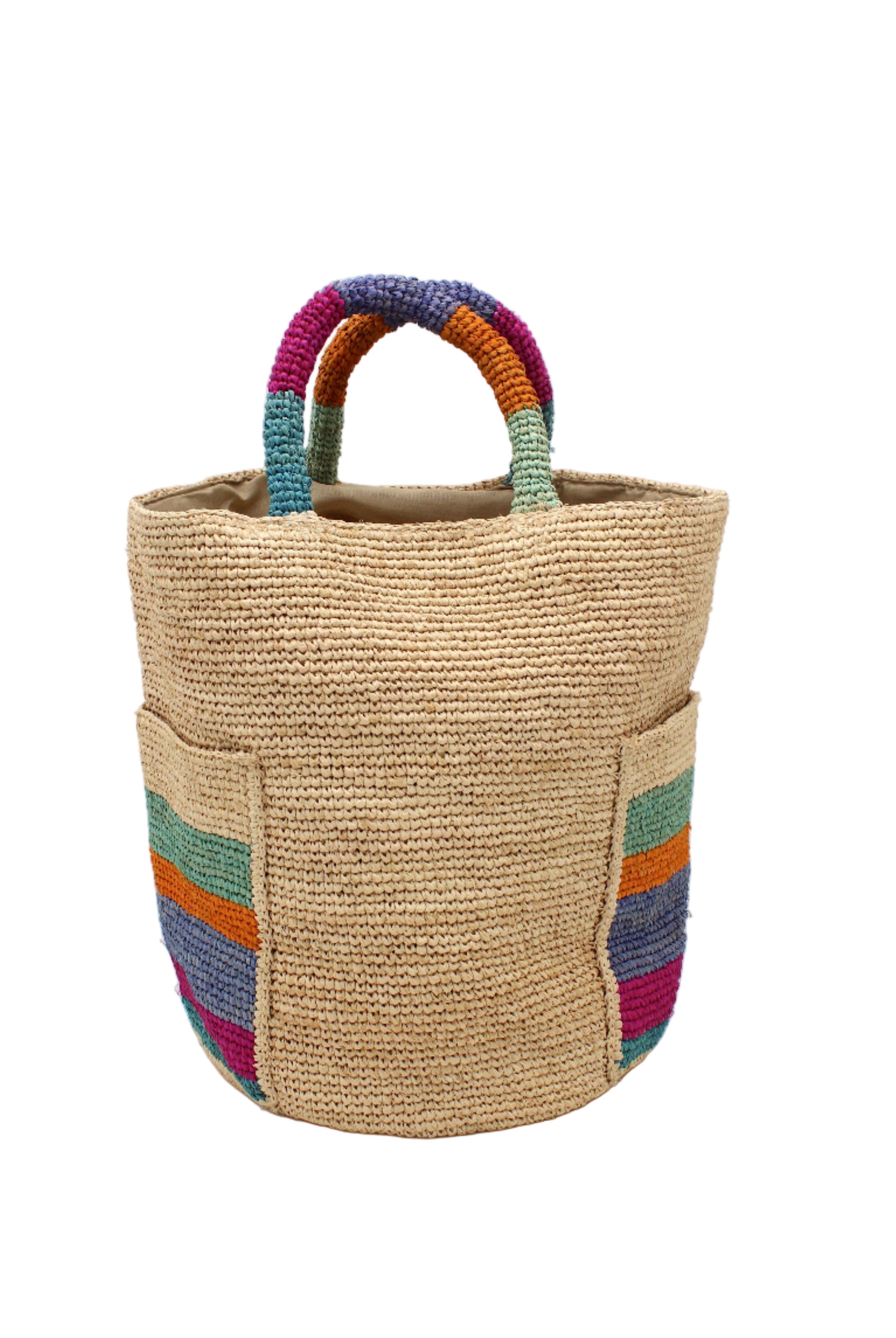 Milos Caribbean Stripes Crochet Straw Basket Handbag with Pockets handmade natural raffia palm fiber in a solid hue of natural straw color on the body of the bag with multicolor wide stripe pattern of turquoise blue/green, fuchsia hot/bright/barbie/pink, denim retro/light/blue, saffron yellow/orange, and seafoam light/blue/green on both handles as well as two large external pockets tote bag - Shebobo