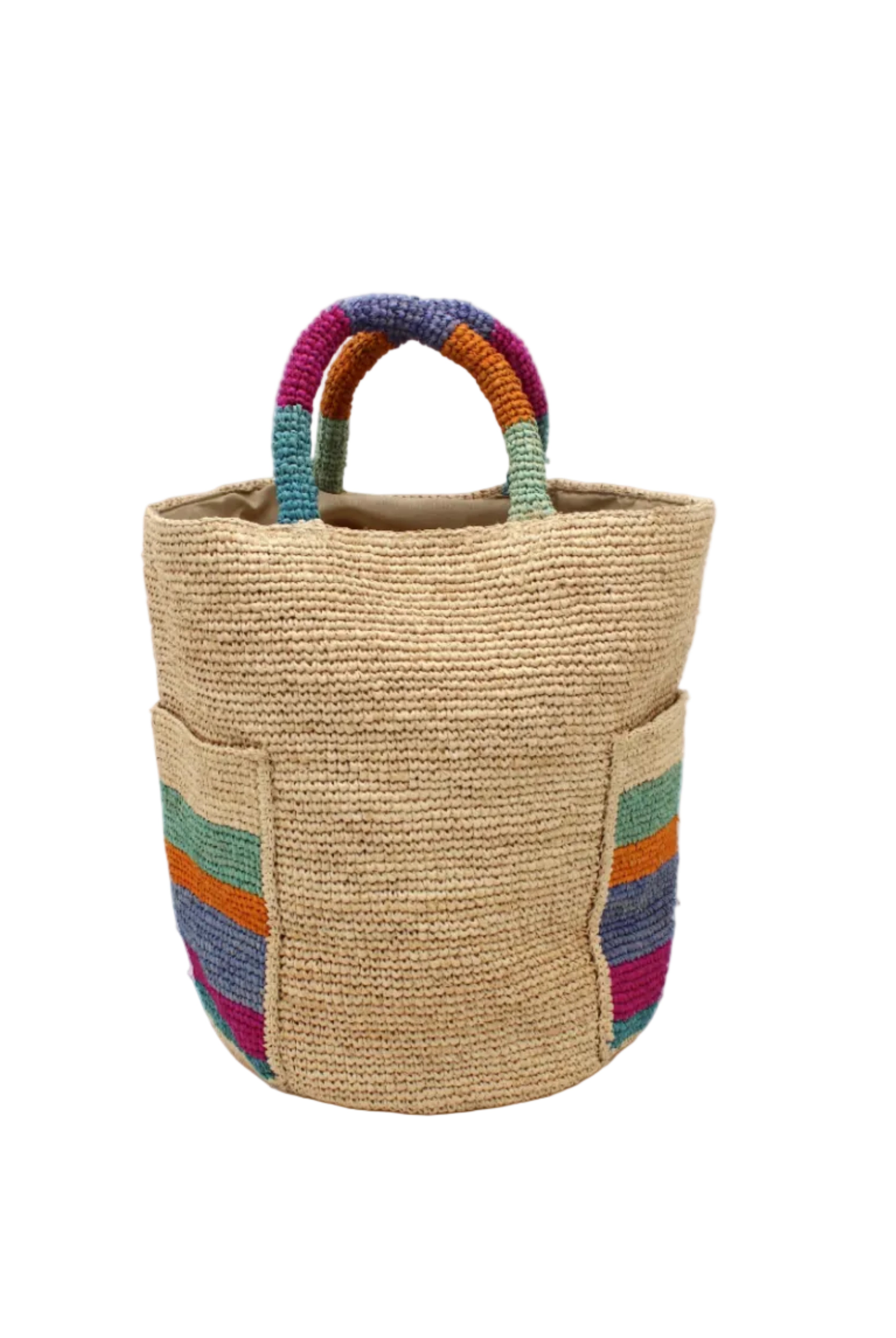 Milos Caribbean Stripes Crochet Straw Basket Handbag with Pockets handmade natural raffia palm fiber in a solid hue of natural straw color on the body of the bag with multicolor wide stripe pattern of turquoise blue/green, fuchsia hot/bright/barbie/pink, denim retro/light/blue, saffron yellow/orange, and seafoam light/blue/green on both handles as well as two large external pockets tote bag - Shebobo