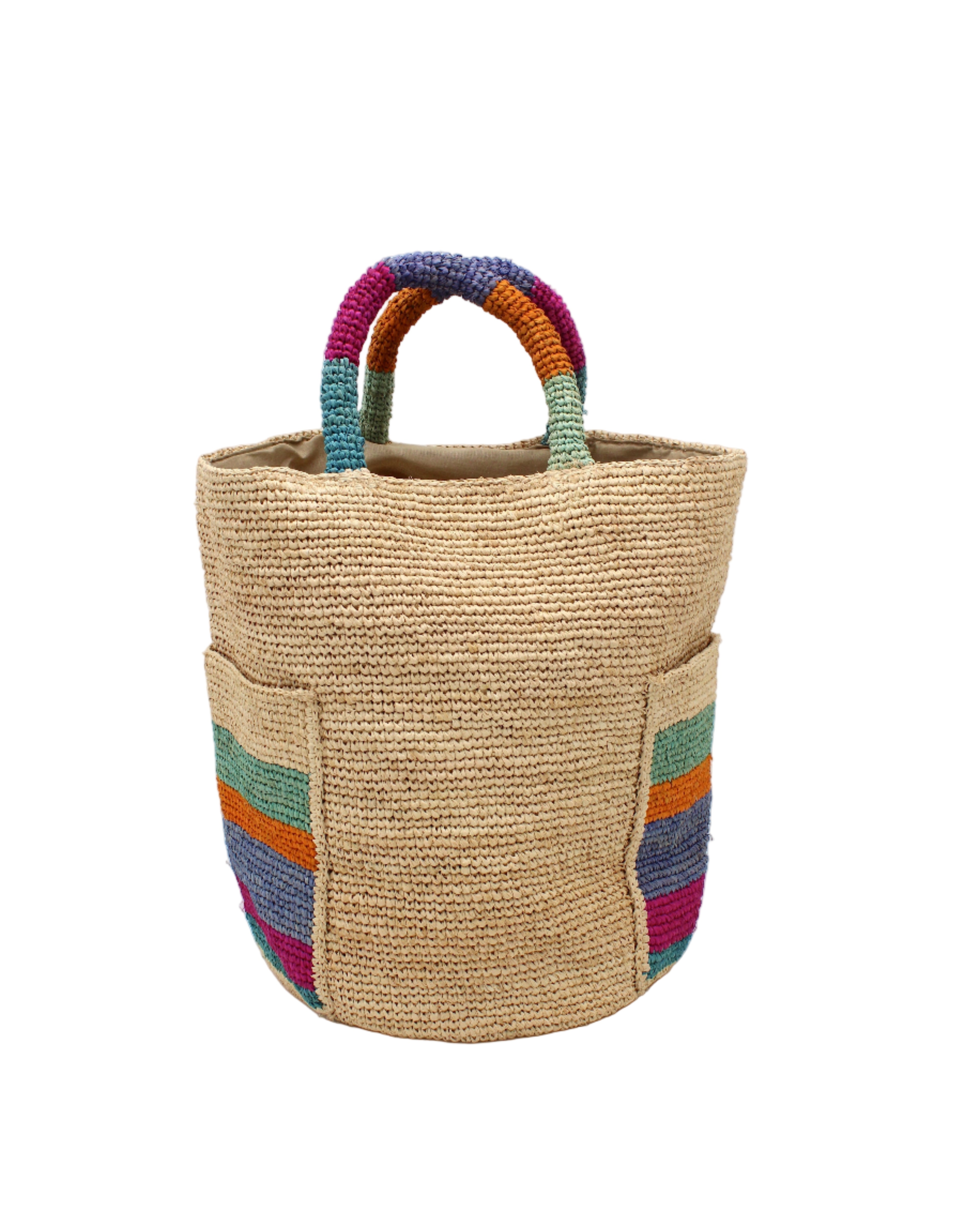 Milos Caribbean Stripes Crochet Straw Basket Handbag with Pockets handmade natural raffia palm fiber in a solid hue of natural straw color on the body of the bag with multicolor wide stripe pattern of turquoise blue/green, fuchsia hot/bright/barbie/pink, denim retro/light/blue, saffron yellow/orange, and seafoam light/blue/green on both handles as well as two large external pockets tote bag - Shebobo