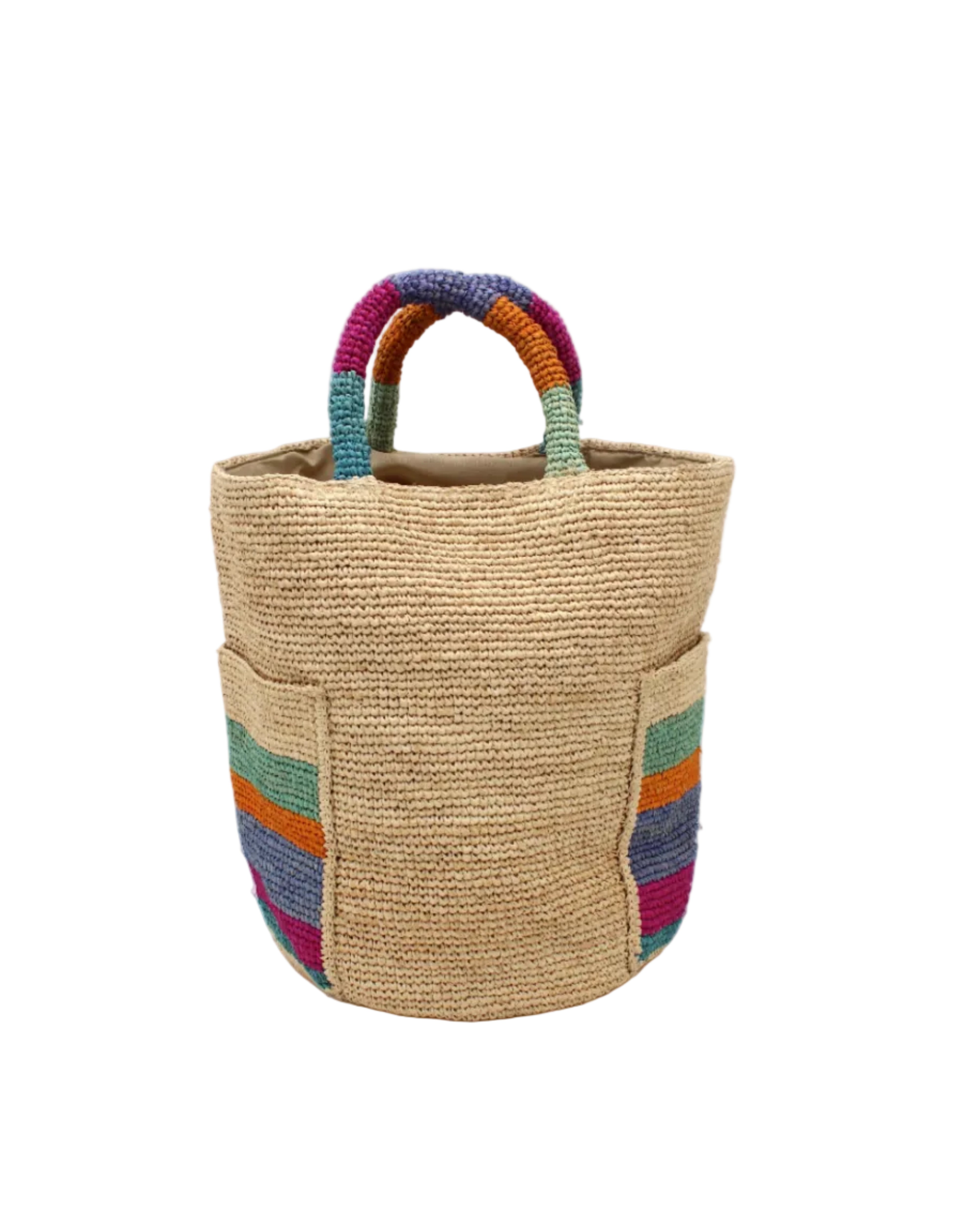 Milos Caribbean Stripes Crochet Straw Basket Handbag with Pockets handmade natural raffia palm fiber in a solid hue of natural straw color on the body of the bag with multicolor wide stripe pattern of turquoise blue/green, fuchsia hot/bright/barbie/pink, denim retro/light/blue, saffron yellow/orange, and seafoam light/blue/green on both handles as well as two large external pockets tote bag - Shebobo