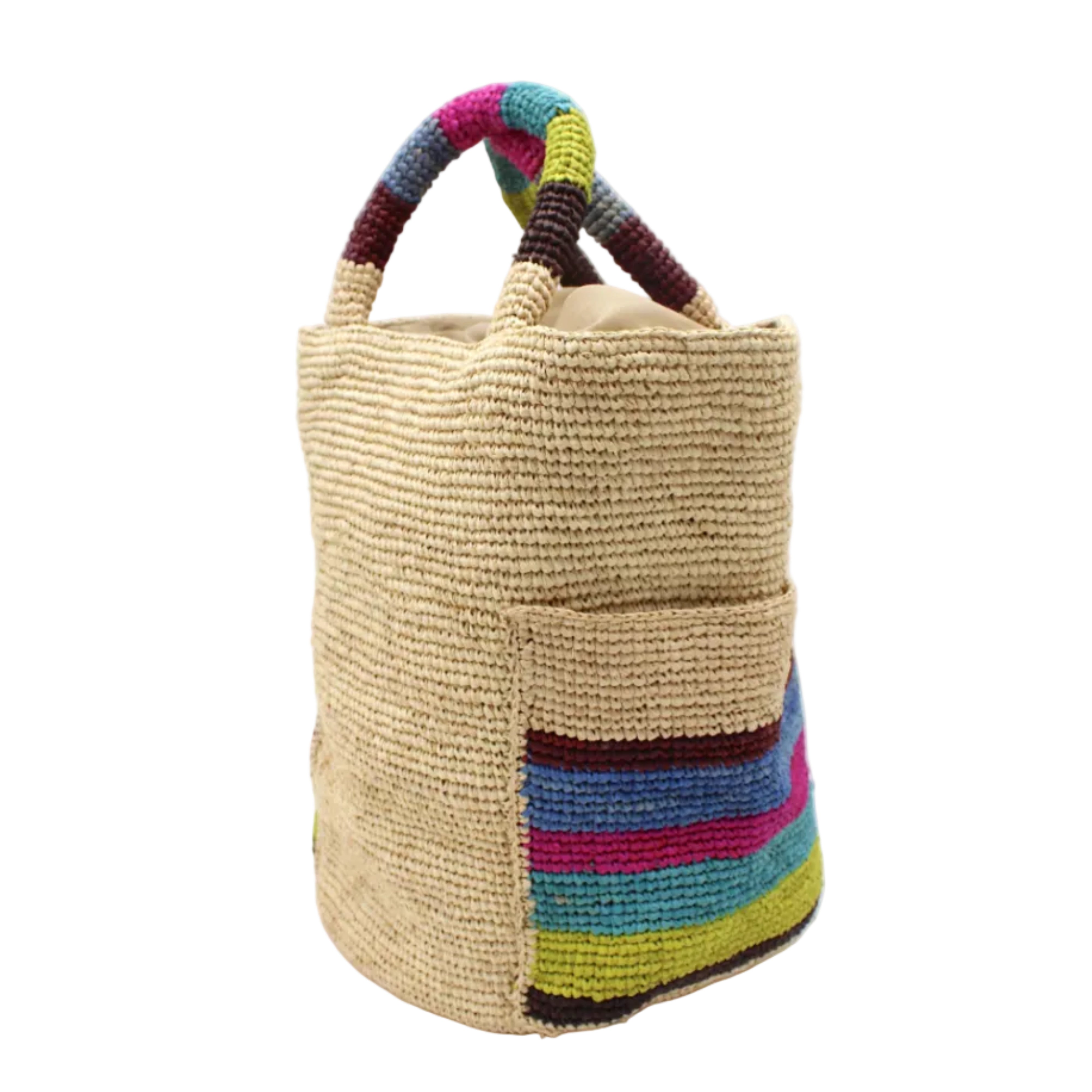 Side view Milos Riviera Stripes Crochet Straw Basket Handbag with Pockets handmade natural raffia palm fiber in a solid hue of natural straw color on the body of the bag with multicolor wide stripe pattern of umberwine bordeaux/claret/deep/dark/red/purple, denim retro/light/blue, fuchsia hot/bright/barbie/pink, teal dark/blue/green, midori lime/neon/green, and black on both handles as well as two large external pockets tote bag - Shebobo