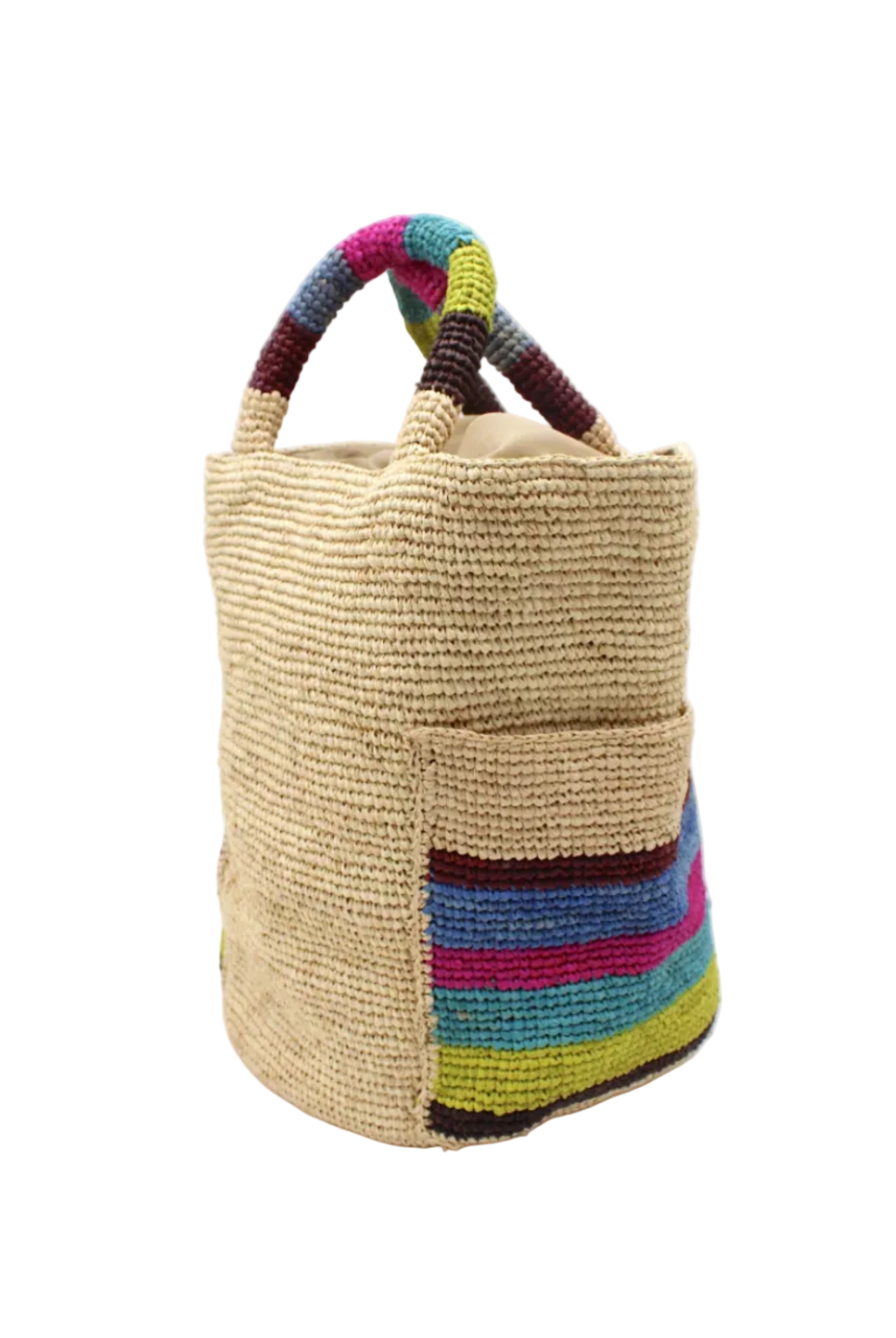Side view Milos Riviera Stripes Crochet Straw Basket Handbag with Pockets handmade natural raffia palm fiber in a solid hue of natural straw color on the body of the bag with multicolor wide stripe pattern of umberwine bordeaux/claret/deep/dark/red/purple, denim retro/light/blue, fuchsia hot/bright/barbie/pink, teal dark/blue/green, midori lime/neon/green, and black on both handles as well as two large external pockets tote bag - Shebobo