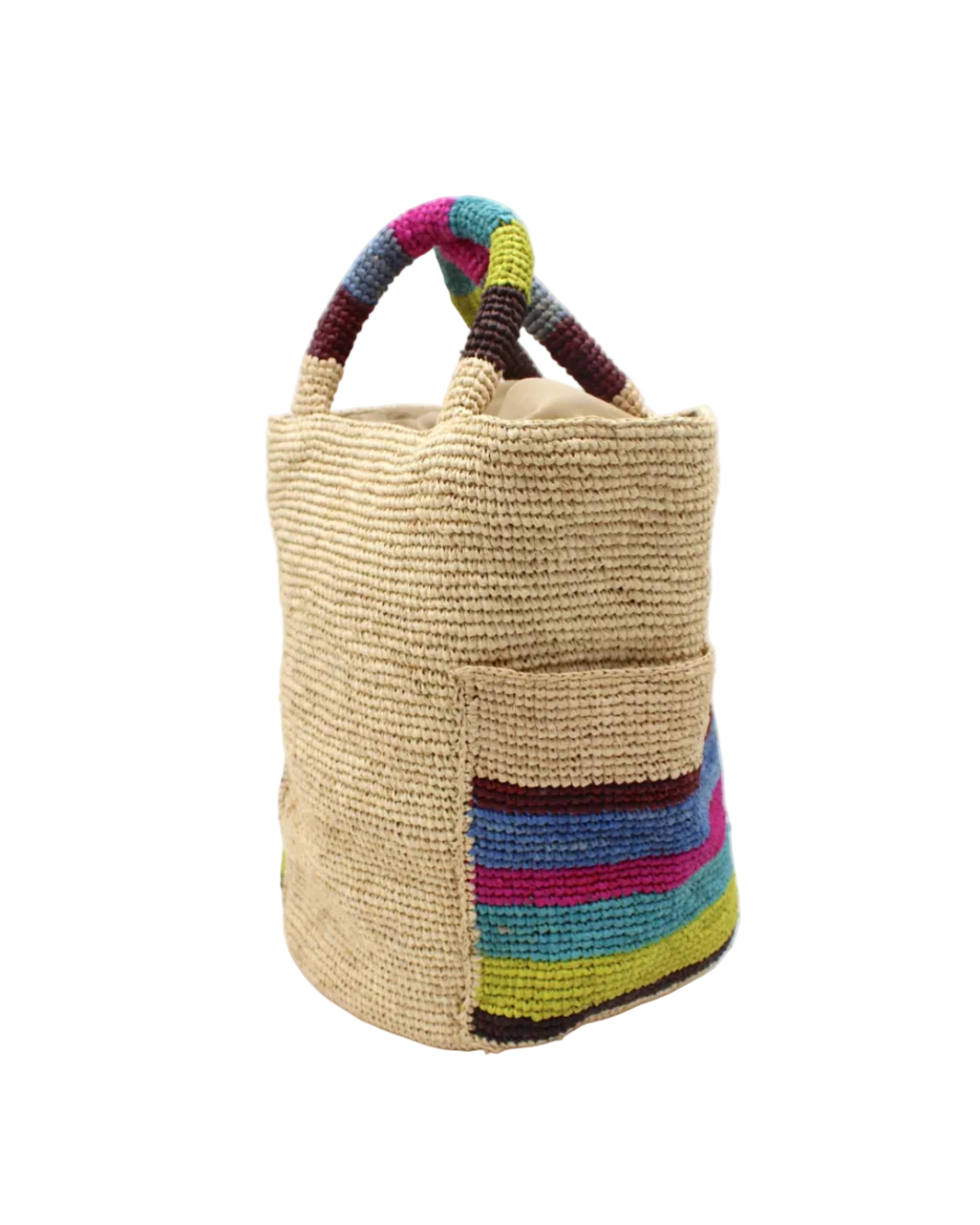 Side view Milos Riviera Stripes Crochet Straw Basket Handbag with Pockets handmade natural raffia palm fiber in a solid hue of natural straw color on the body of the bag with multicolor wide stripe pattern of umberwine bordeaux/claret/deep/dark/red/purple, denim retro/light/blue, fuchsia hot/bright/barbie/pink, teal dark/blue/green, midori lime/neon/green, and black on both handles as well as two large external pockets tote bag - Shebobo