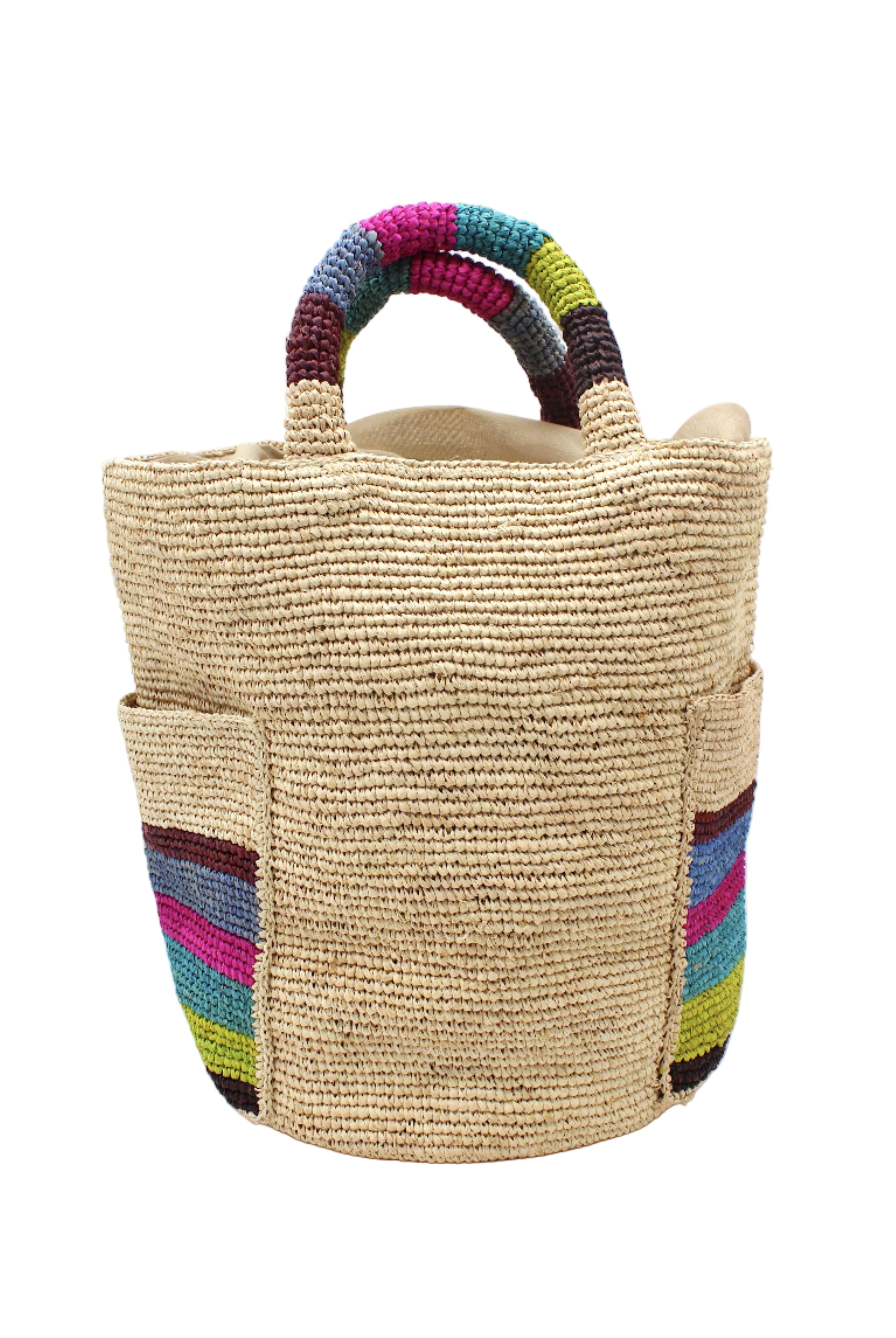 Milos Riviera Stripes Crochet Straw Basket Handbag with Pockets handmade natural raffia palm fiber in a solid hue of natural straw color on the body of the bag with multicolor wide stripe pattern of umberwine bordeaux/claret/deep/dark/red/purple, denim retro/light/blue, fuchsia hot/bright/barbie/pink, teal dark/blue/green, midori lime/neon/green, and black on both handles as well as two large external pockets tote bag - Shebobo