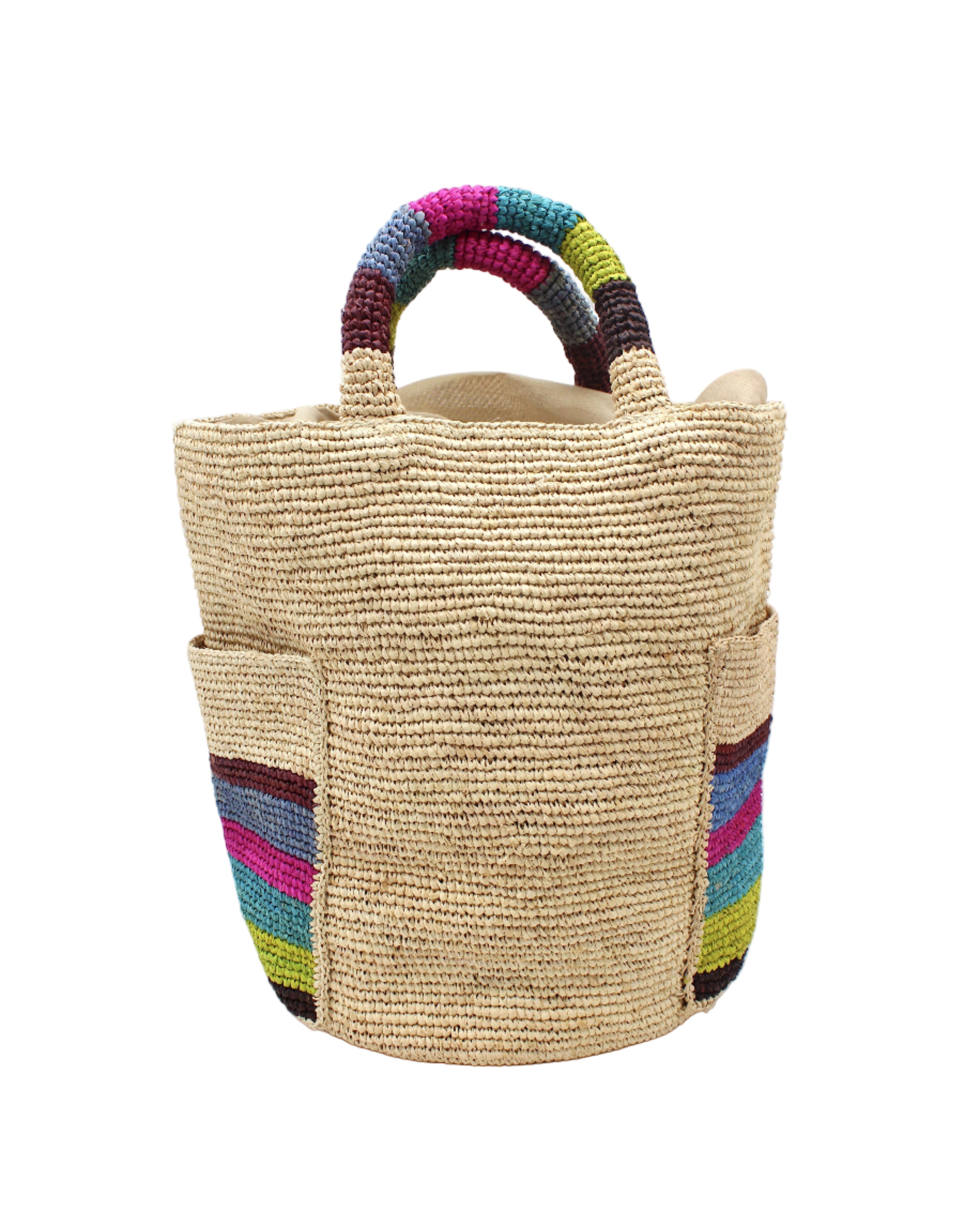 Milos Riviera Stripes Crochet Straw Basket Handbag with Pockets handmade natural raffia palm fiber in a solid hue of natural straw color on the body of the bag with multicolor wide stripe pattern of umberwine bordeaux/claret/deep/dark/red/purple, denim retro/light/blue, fuchsia hot/bright/barbie/pink, teal dark/blue/green, midori lime/neon/green, and black on both handles as well as two large external pockets tote bag - Shebobo