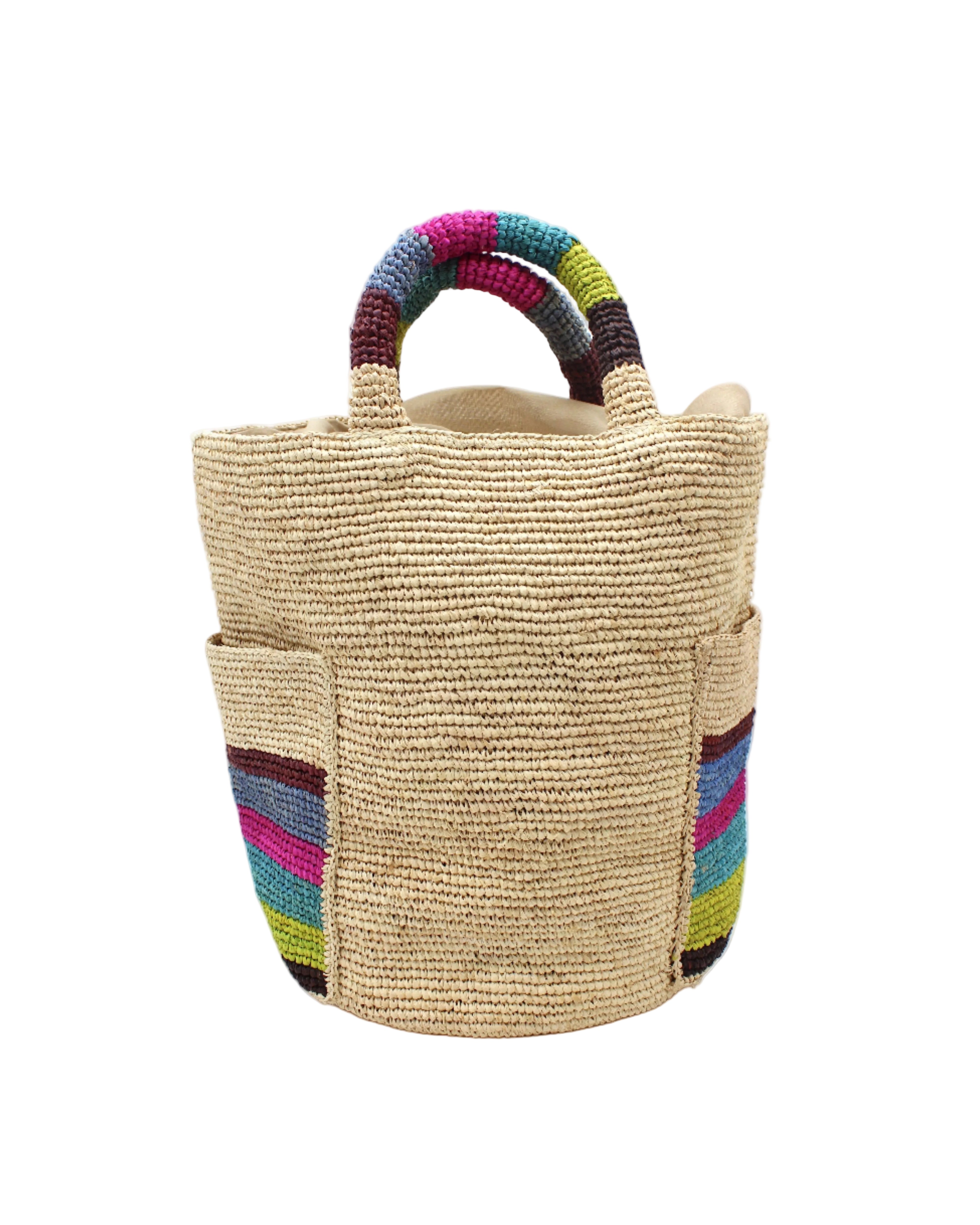 Milos Riviera Stripes Crochet Straw Basket Handbag with Pockets handmade natural raffia palm fiber in a solid hue of natural straw color on the body of the bag with multicolor wide stripe pattern of umberwine bordeaux/claret/deep/dark/red/purple, denim retro/light/blue, fuchsia hot/bright/barbie/pink, teal dark/blue/green, midori lime/neon/green, and black on both handles as well as two large external pockets tote bag - Shebobo