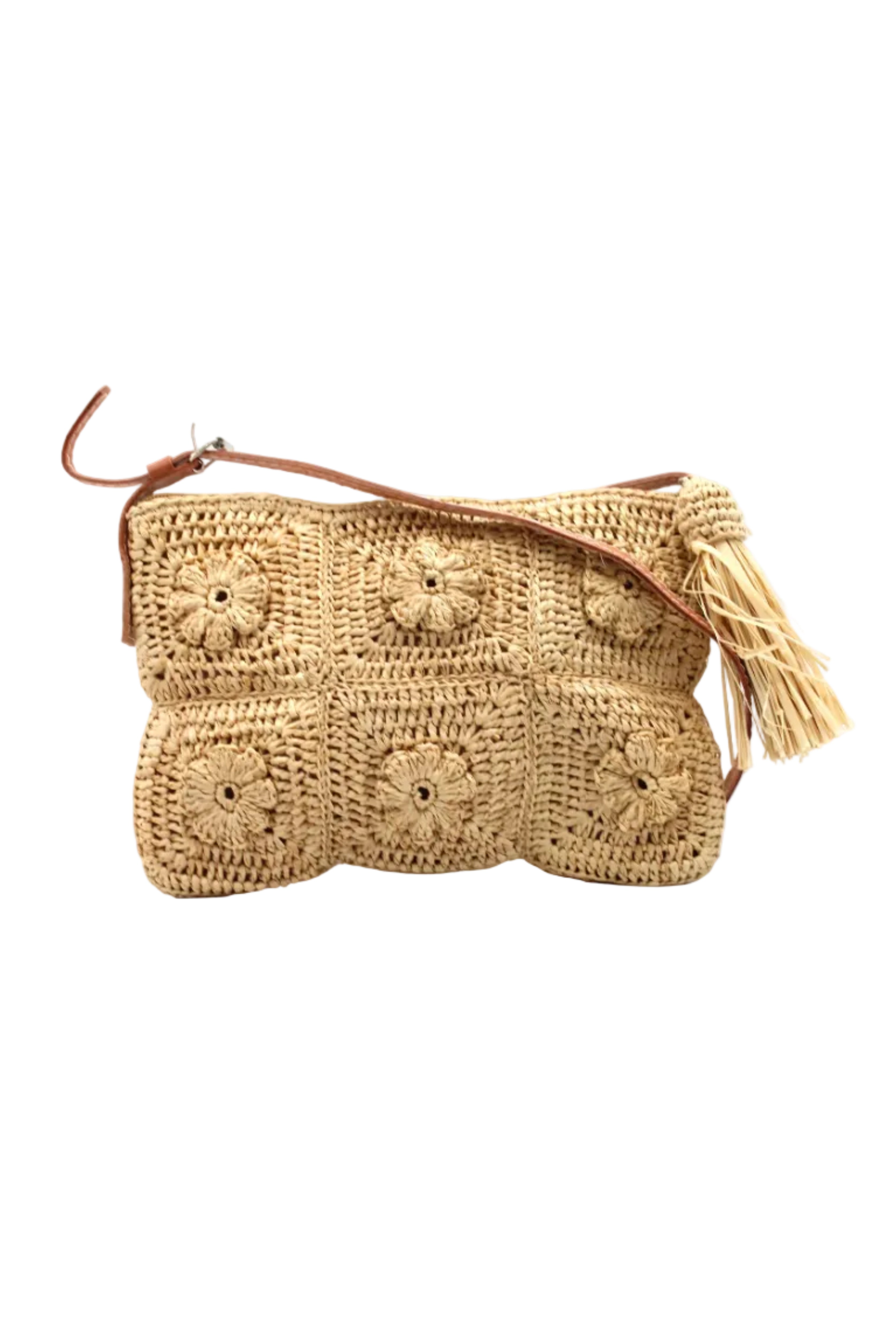 Mimi handmade crochet granny square geometric square and floral pattern natural crochet crossbody bag straw purse with leather strap - Shebobo