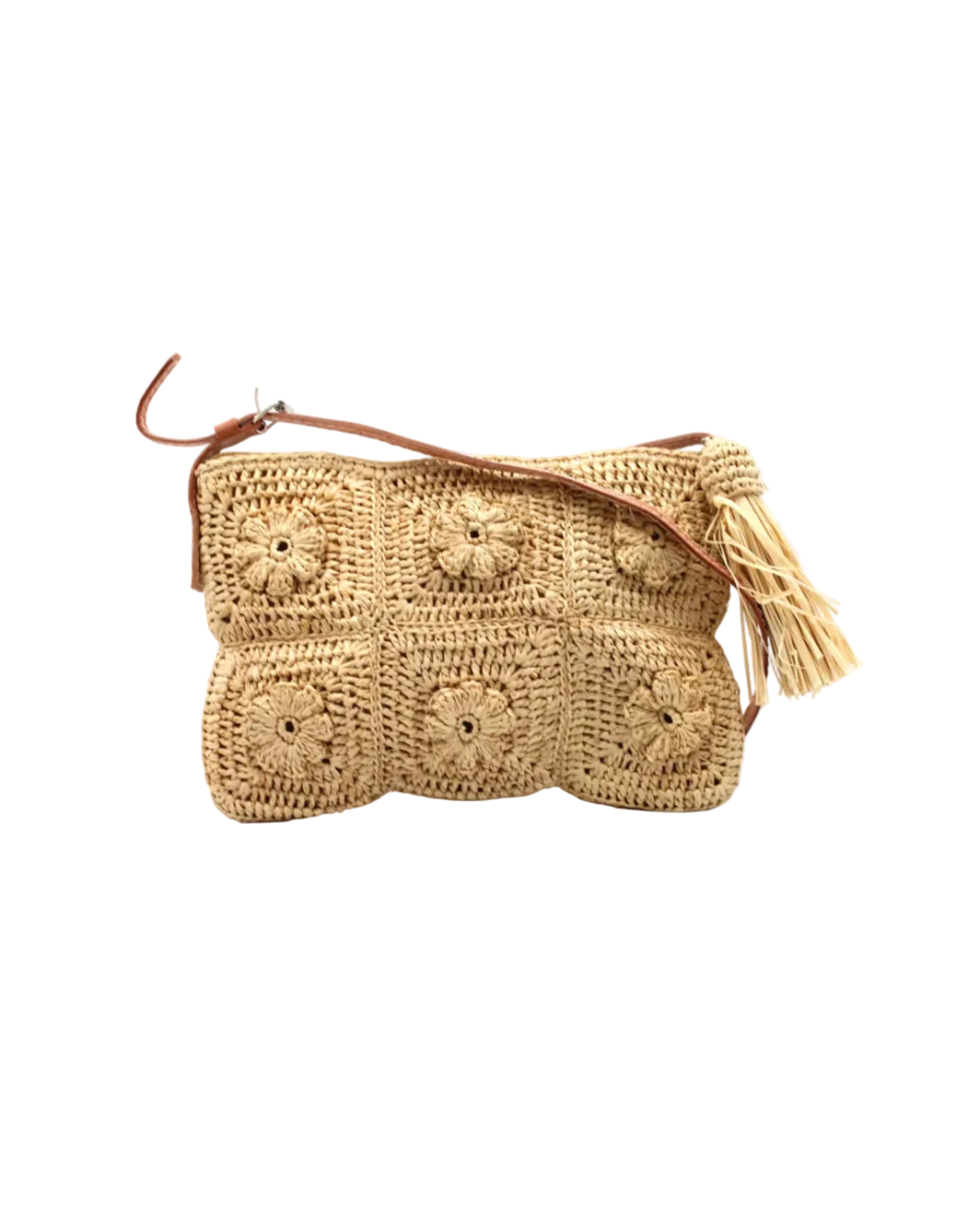 Mimi handmade crochet granny square geometric square and floral pattern natural crochet crossbody bag straw purse with leather strap - Shebobo
