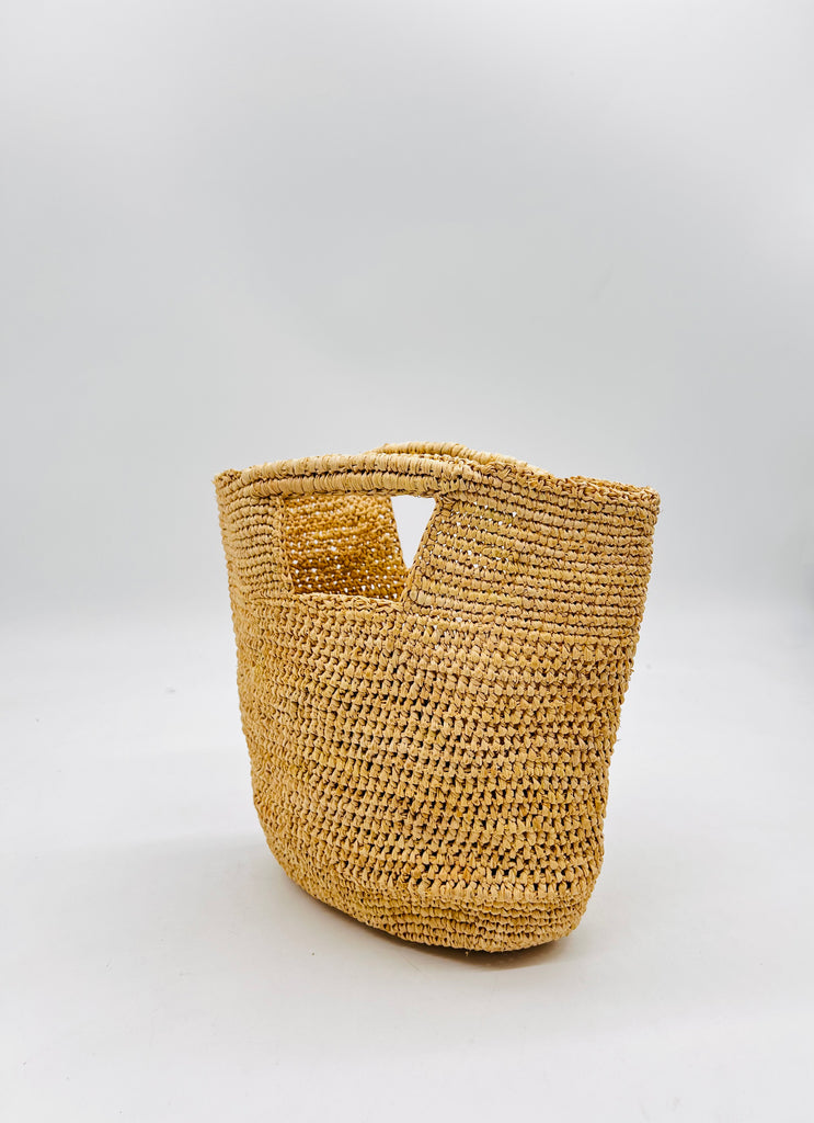 Side view Mini ConCon Crochet Straw Basket - Petite Crochet Bag handmade natural raffia palm fiber woven handbag - Shebobo