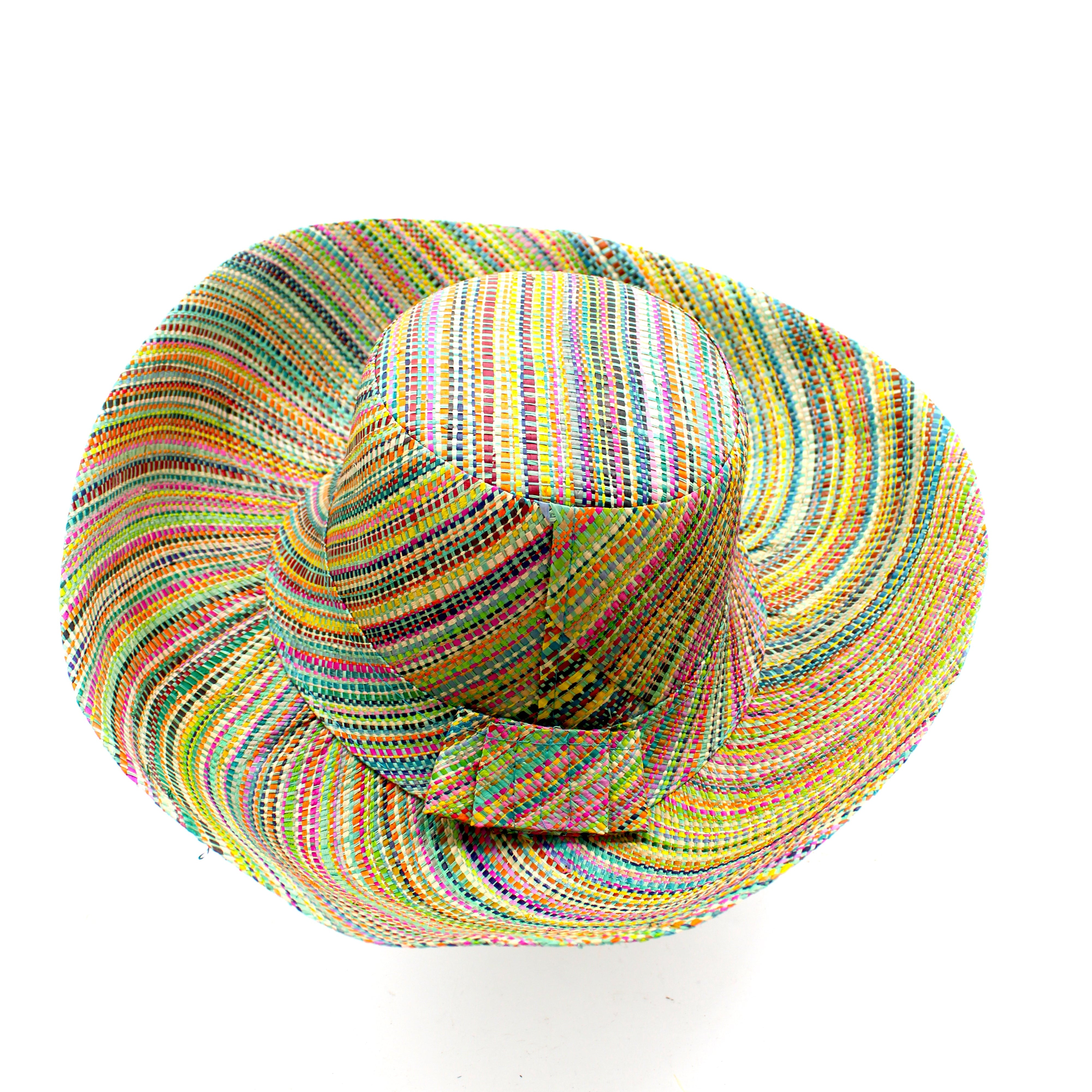 Monica 5" & 7" Wide Brim Seafoam Multi Melange Packable Straw Sun Hat multicolor heather pattern of seafoam blue/green, lime green, turquoise blue, yellow, navy blue, pink, fuchsia, coral orange/red, natural straw color, etc. - Shebobo