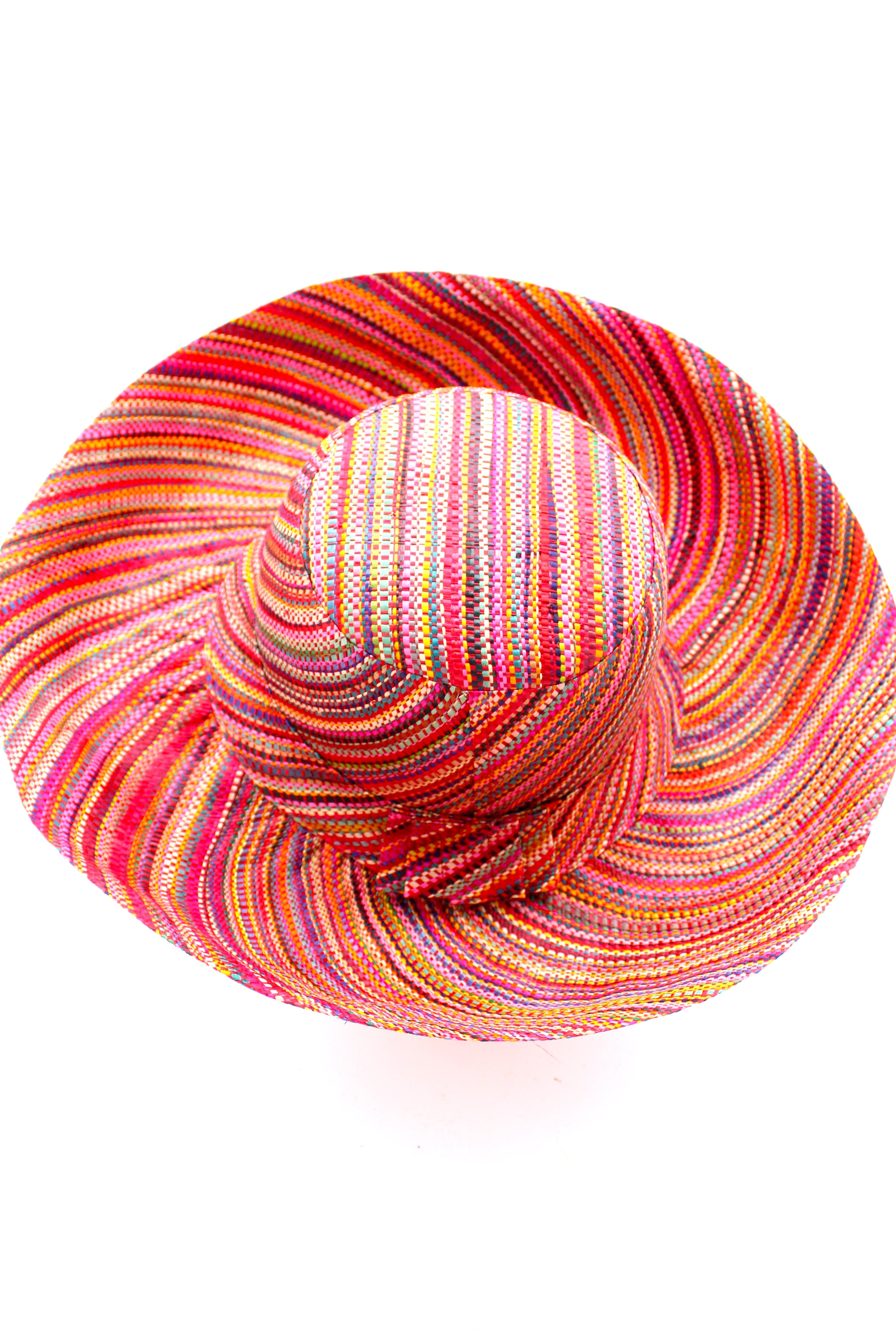 Monica 5" & 7" Wide Brim Very Berry Multi Melange Packable Straw Sun Hat multicolor heather pattern of fuchsia pink, light pink, saffron yellow, coral orange/red, purple, natural straw color, etc. - Shebobo