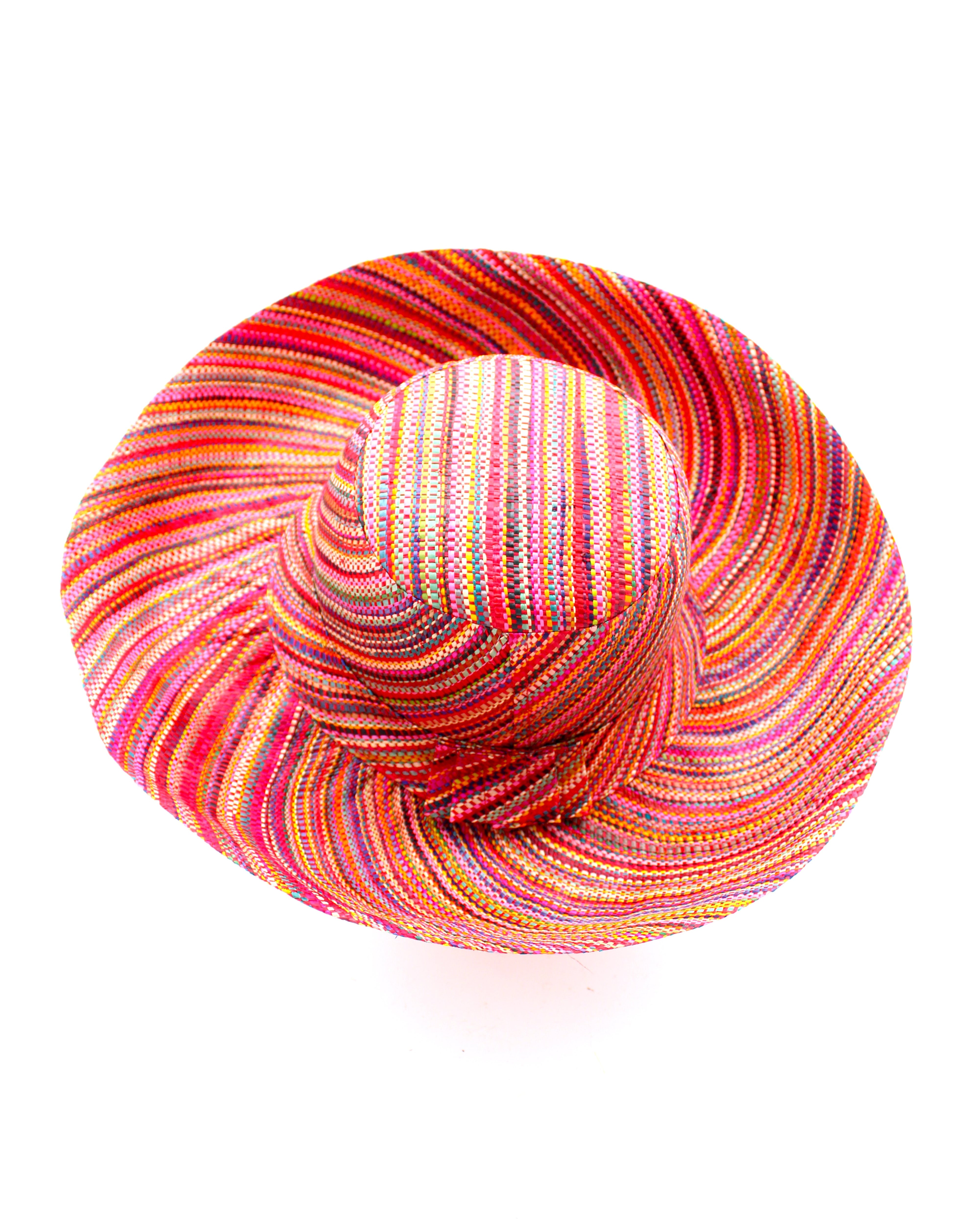 Monica 5" & 7" Wide Brim Very Berry Multi Melange Packable Straw Sun Hat multicolor heather pattern of fuchsia pink, light pink, saffron yellow, coral orange/red, purple, natural straw color, etc. - Shebobo