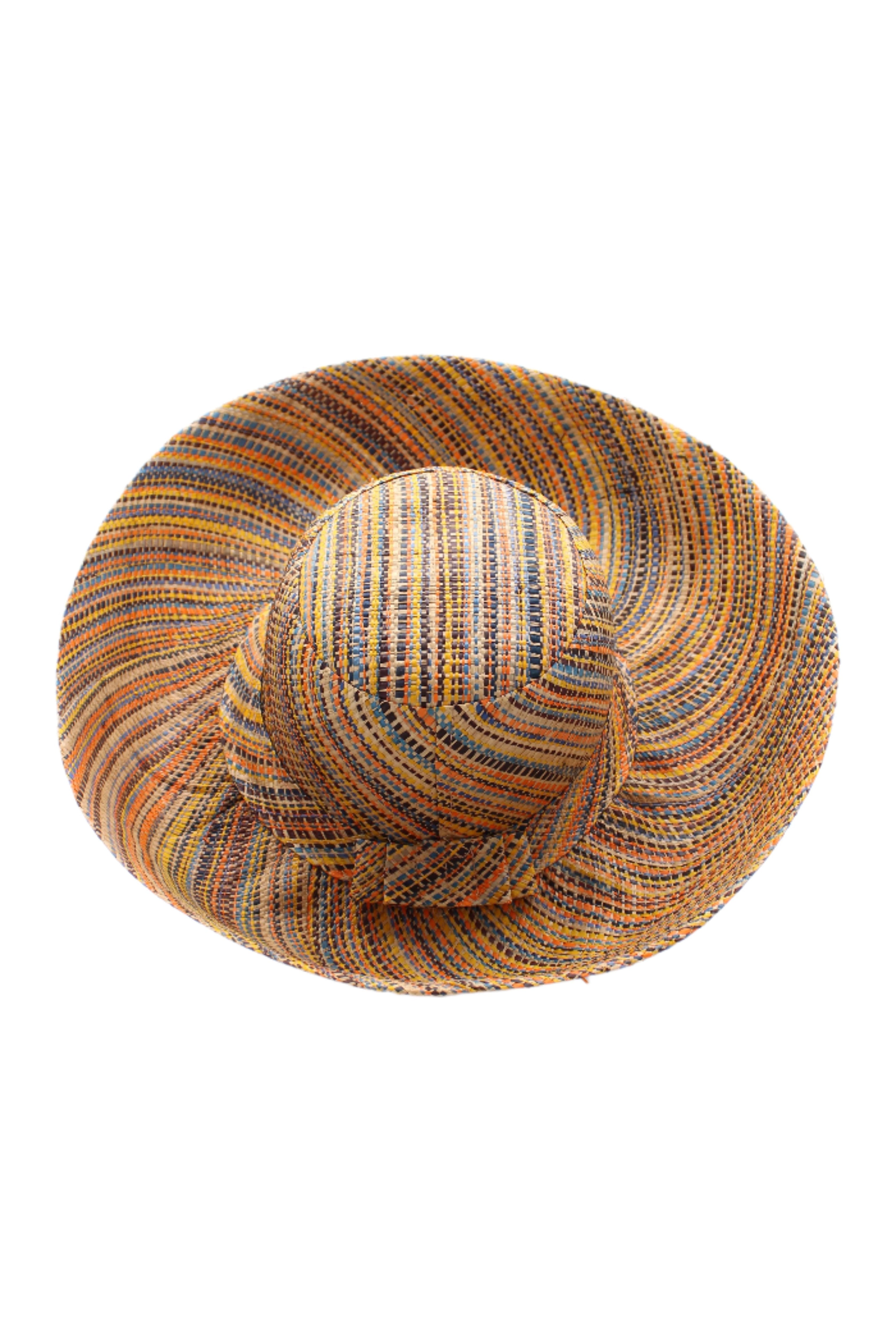 Monica 5" & 7" Wide Brim Blush Multi Melange Packable Straw Sun Hat handmade loomed raffia multicolor heathered swirl pattern of orange, blush pink, natural, blue, brown, yellow, etc. - Shebobo