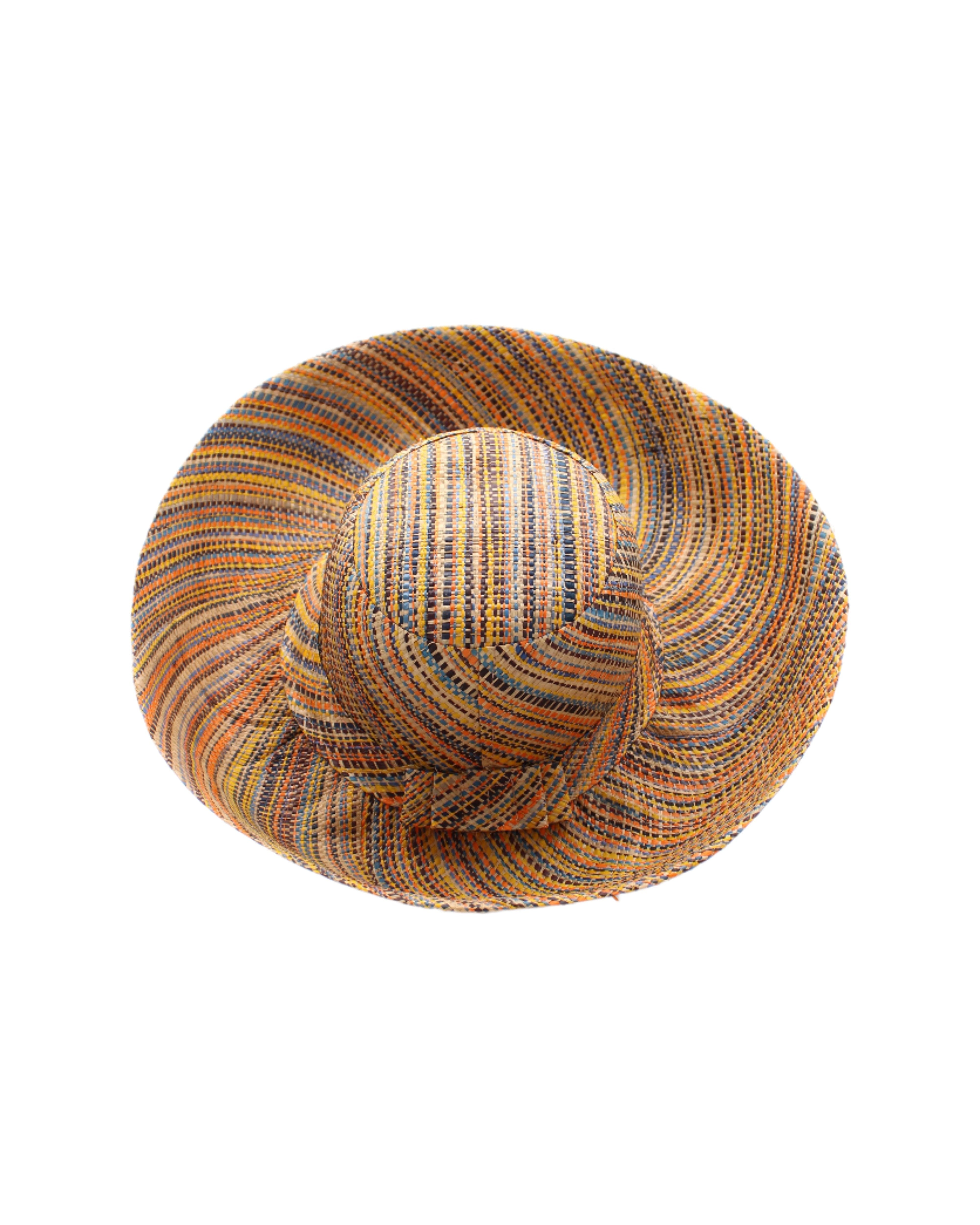 Monica 5" & 7" Wide Brim Blush Multi Melange Packable Straw Sun Hat handmade loomed raffia multicolor heathered swirl pattern of orange, blush pink, natural, blue, brown, yellow, etc. - Shebobo