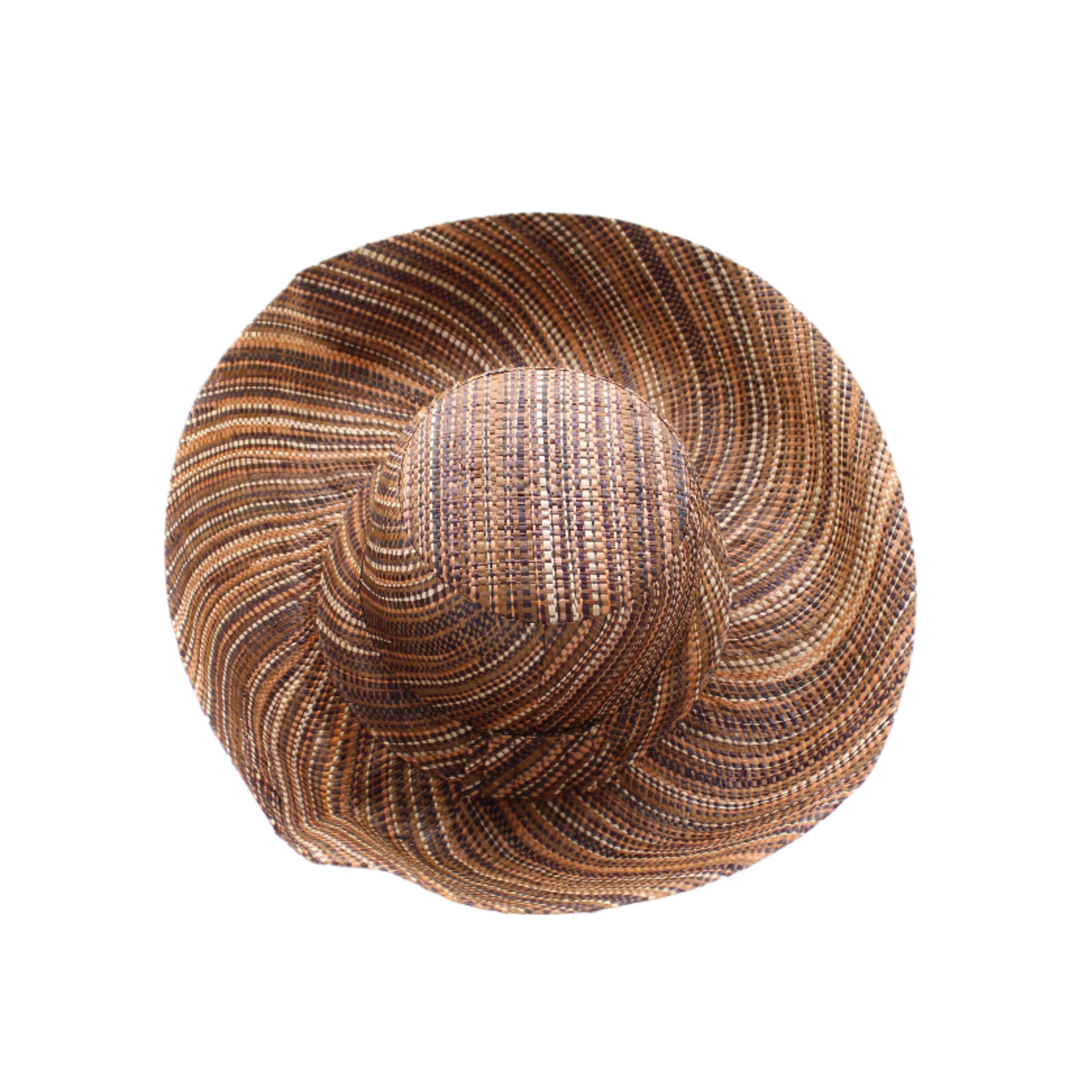 Monica 5" & 7" Wide Brim Cinnamon Multi Melange Packable Straw Sun Hat handmade loomed raffia in a heathered swirl pattern of multiple tones of natural, brown, and black - Shebobo