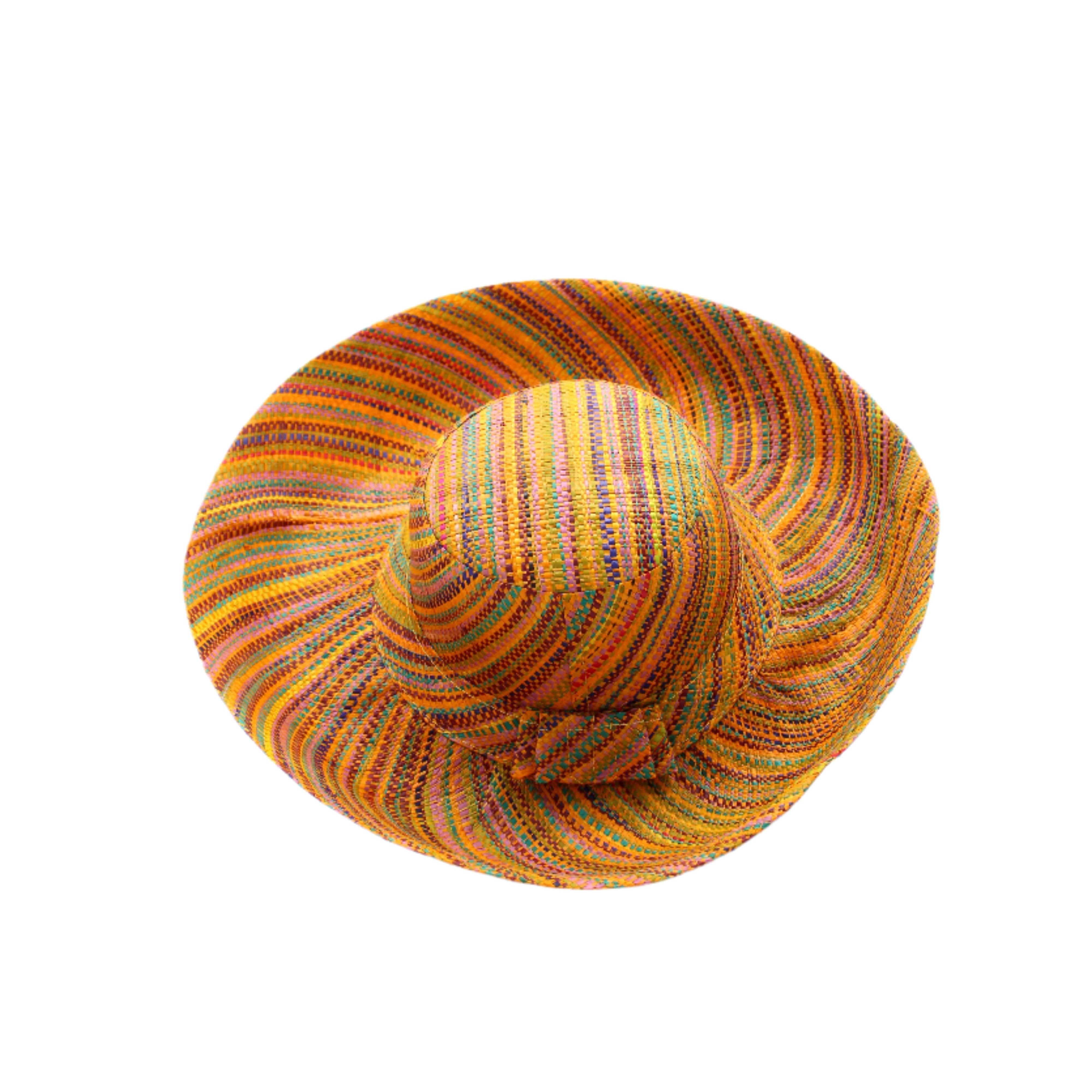 Monica 5" & 7" Wide Brim Saffron Multi Melange Packable Straw Sun Hat handmade loomed raffia heather swirl pattern of saffron yellow, orange, red, bordeaux, green, pink, blue, etc. - Shebobo