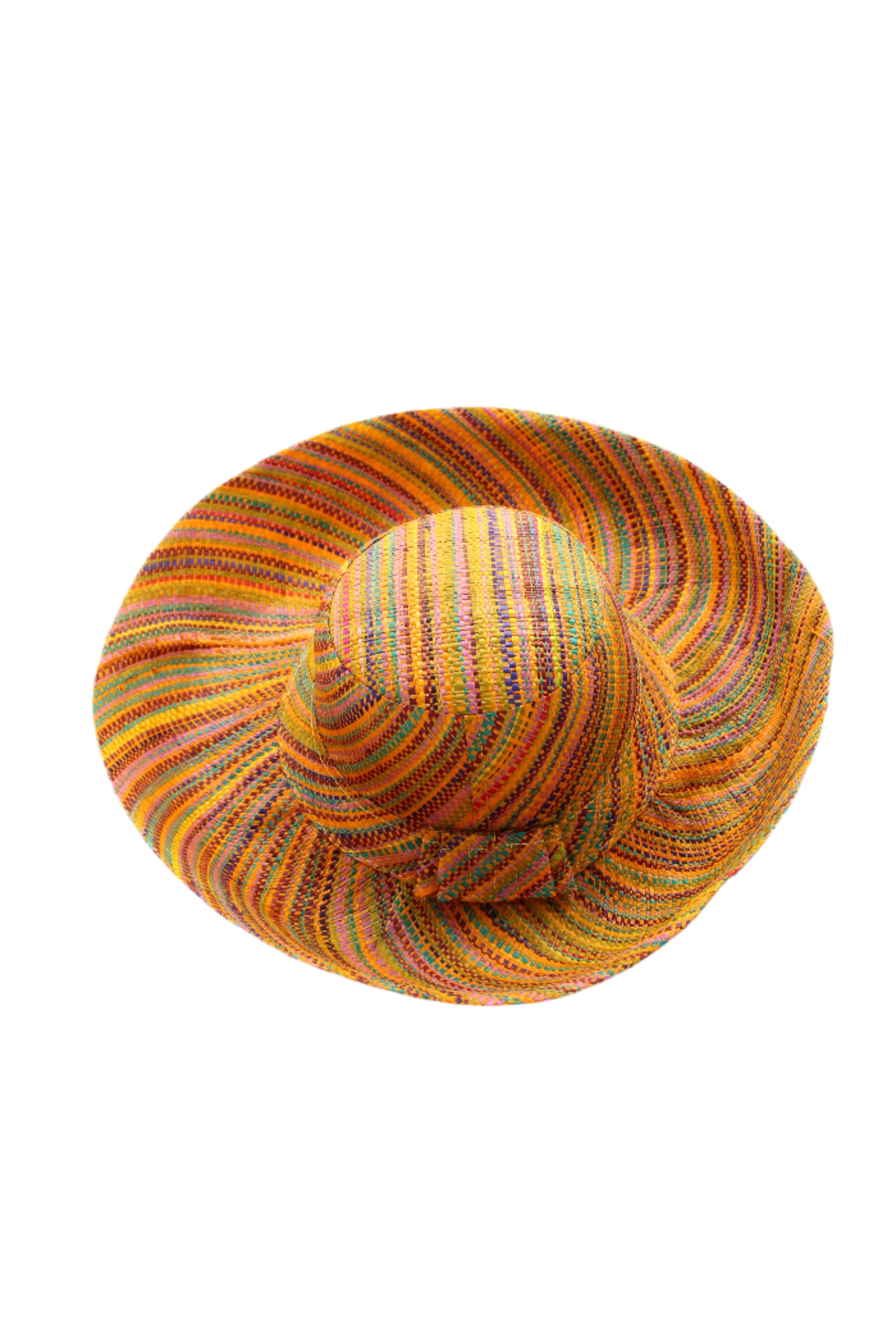 Monica 5" & 7" Wide Brim Saffron Multi Melange Packable Straw Sun Hat handmade loomed raffia heather swirl pattern of saffron yellow, orange, red, bordeaux, green, pink, blue, etc. - Shebobo