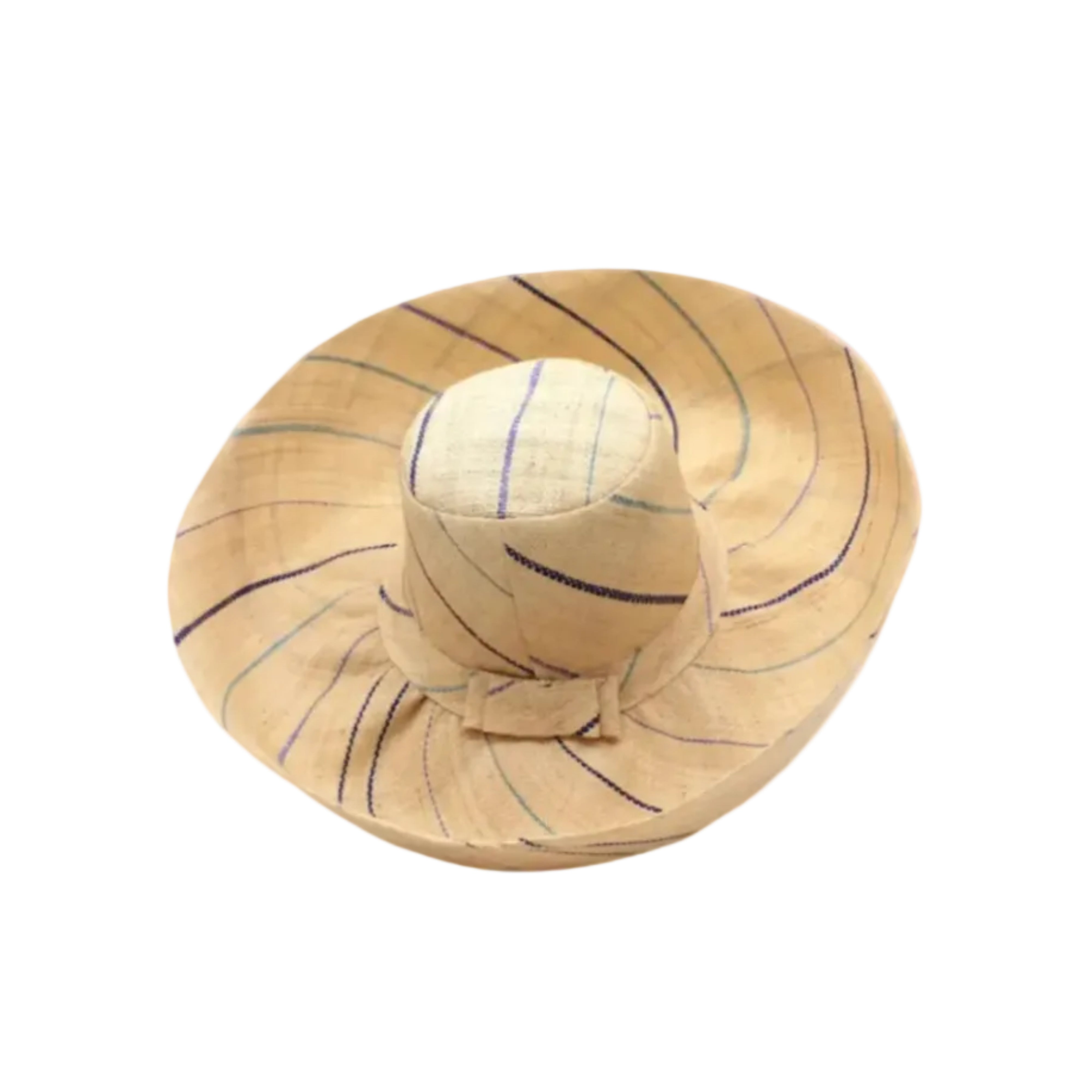 Monica 5" or 7" wide brim natural and Blues multicolor pinstripes packable raffia straw hat handmade loomed raffia in wide bands of natural straw color with narrow bands of dusk navy/dark/blue, light blue, turquoise blue, denim retro/light/blue create a stripe swirl pattern - Shebobo