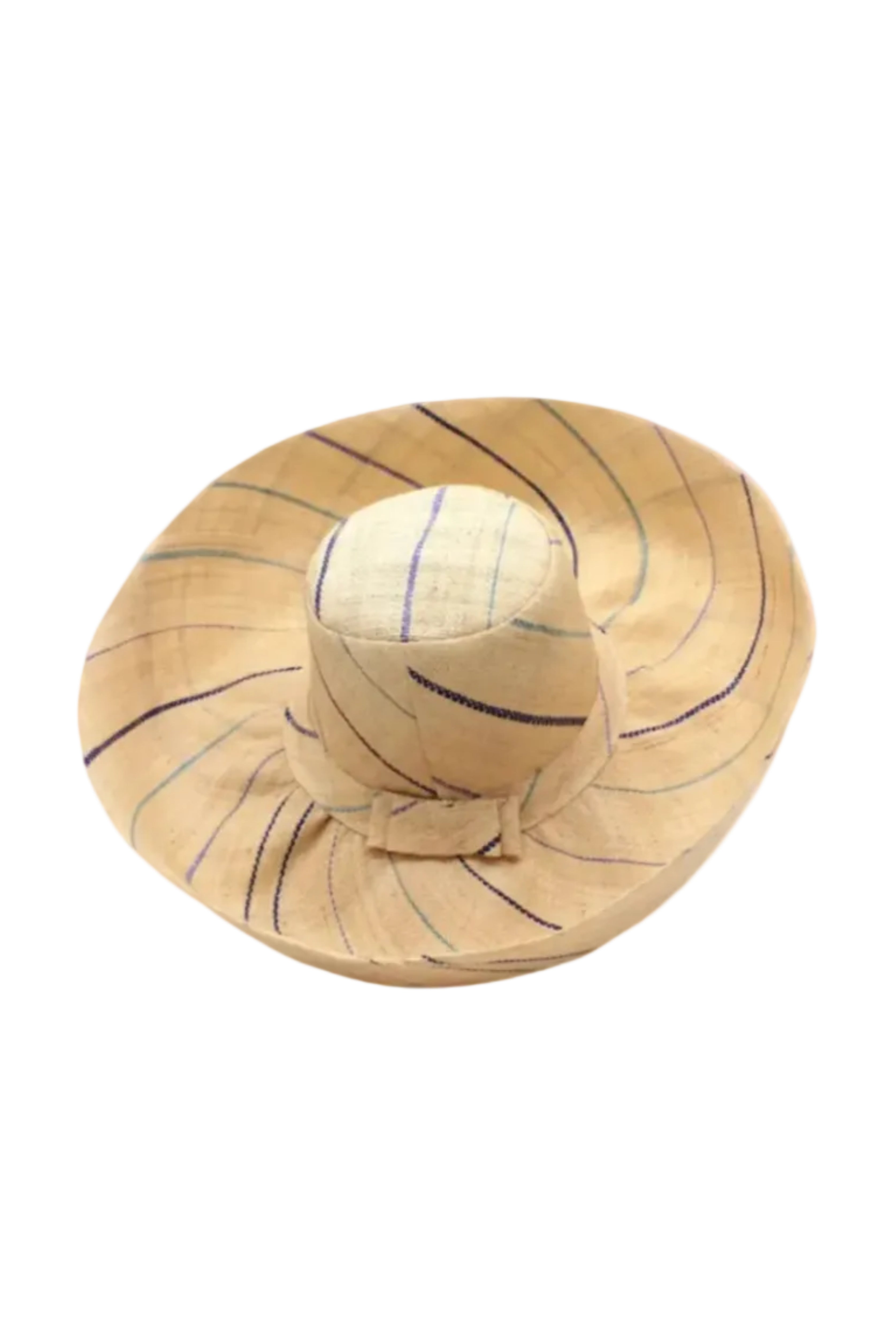 Monica 5" or 7" wide brim natural and Blues multicolor pinstripes packable raffia straw hat handmade loomed raffia in wide bands of natural straw color with narrow bands of dusk navy/dark/blue, light blue, turquoise blue, denim retro/light/blue create a stripe swirl pattern - Shebobo