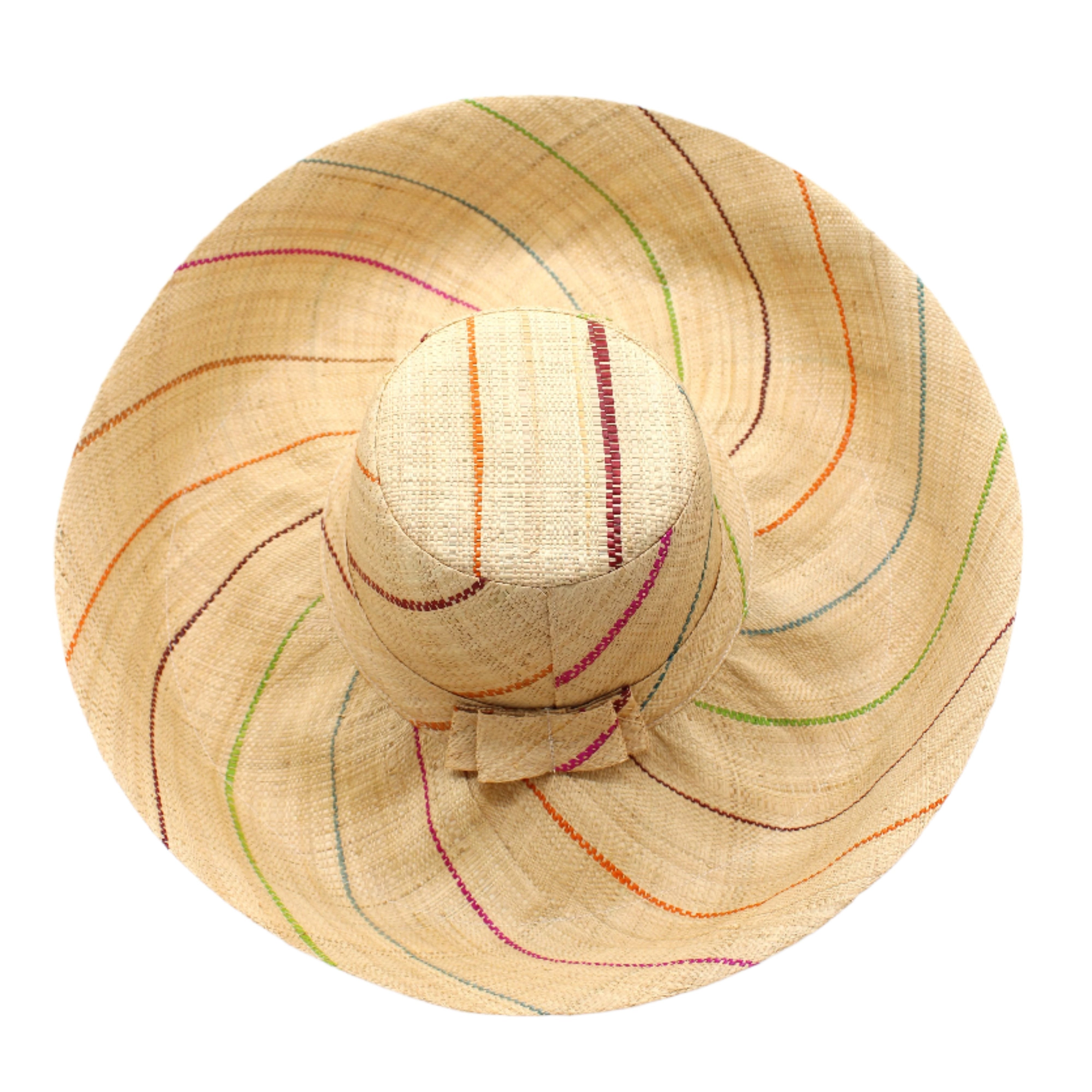 Monica 5" or 7" wide brim natural and multicolor pinstripes packable raffia straw hat handmade loomed raffia in wide bands of natural straw color with narrow bands of lime green, bordeaux red, fuchsia pink, orange, cinnaon/tobacco/brown, blush orange/pink, etc. create a stripe swirl pattern - Shebobo