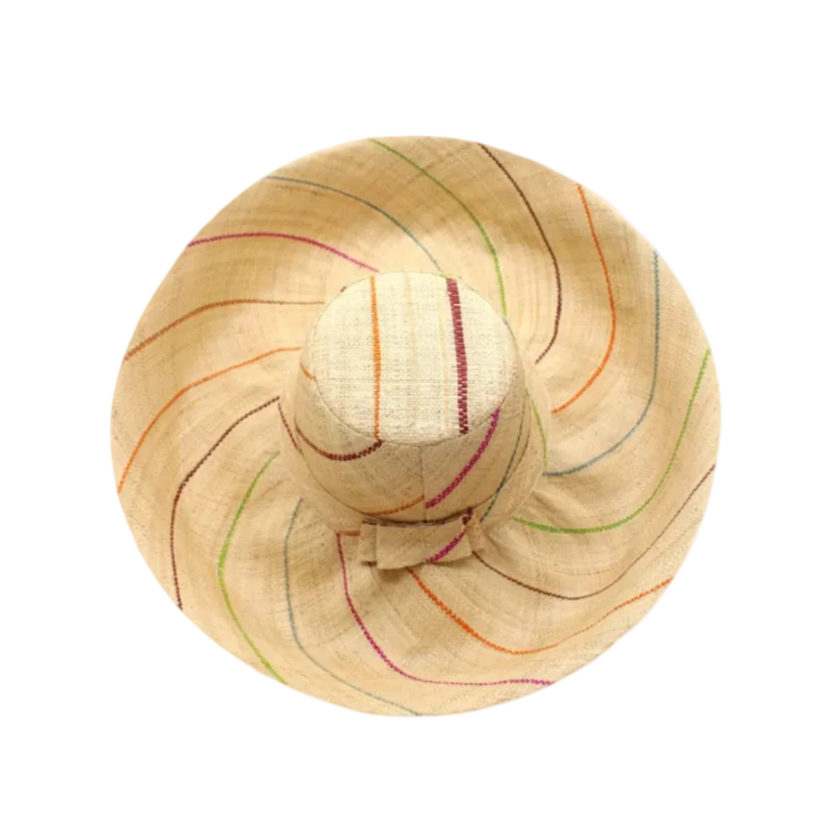 Monica 5" or 7" wide brim natural and brights multicolor pinstripes packable raffia straw hat handmade loomed raffia in wide bands of natural straw color with narrow bands of lime green, bordeaux red, fuchsia pink, orange, cinnaon/tobacco/brown, blush orange/pink, etc. create a stripe swirl pattern - Shebobo