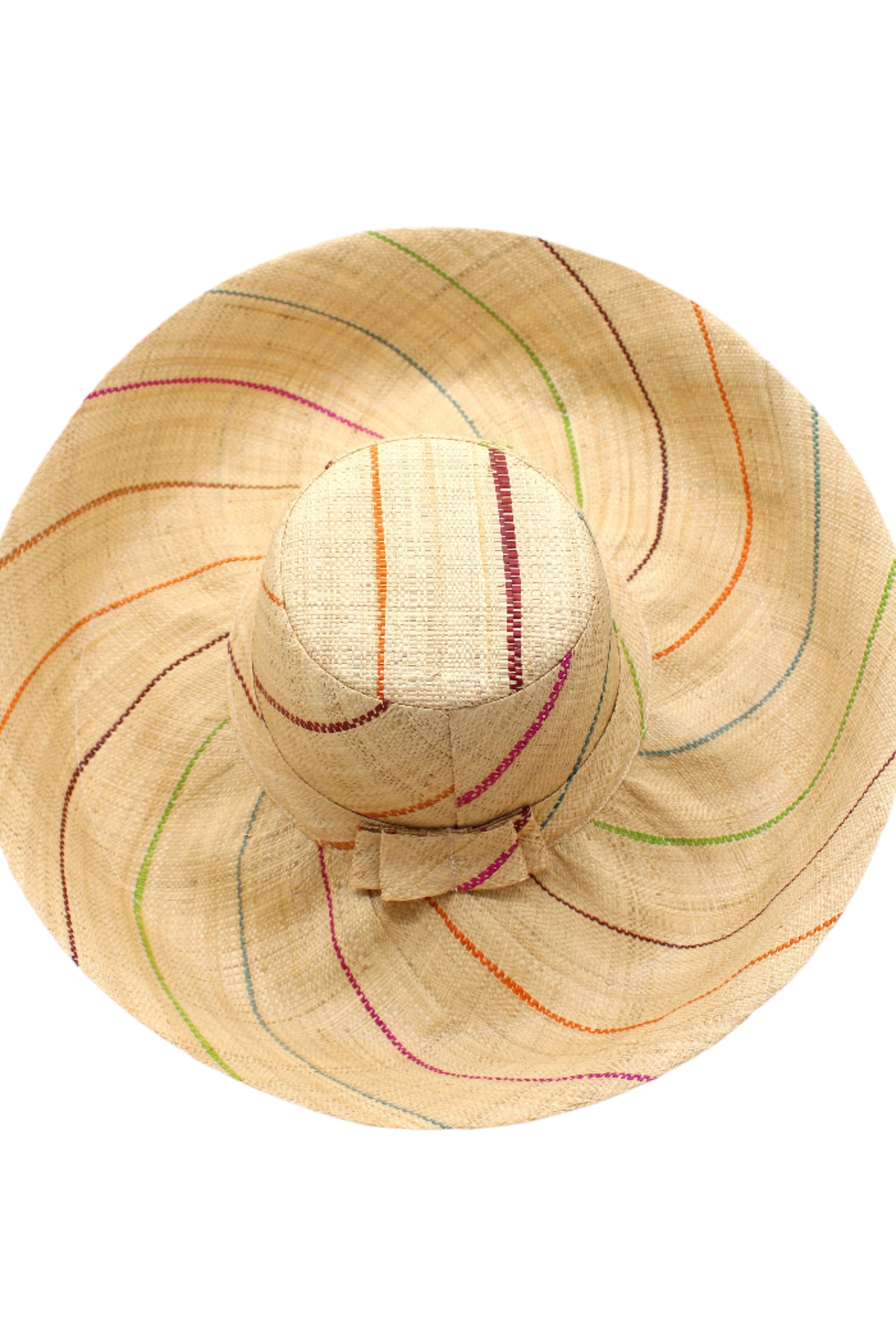 Monica 5" or 7" wide brim natural and multicolor pinstripes packable raffia straw hat handmade loomed raffia in wide bands of natural straw color with narrow bands of lime green, bordeaux red, fuchsia pink, orange, cinnaon/tobacco/brown, blush orange/pink, etc. create a stripe swirl pattern - Shebobo