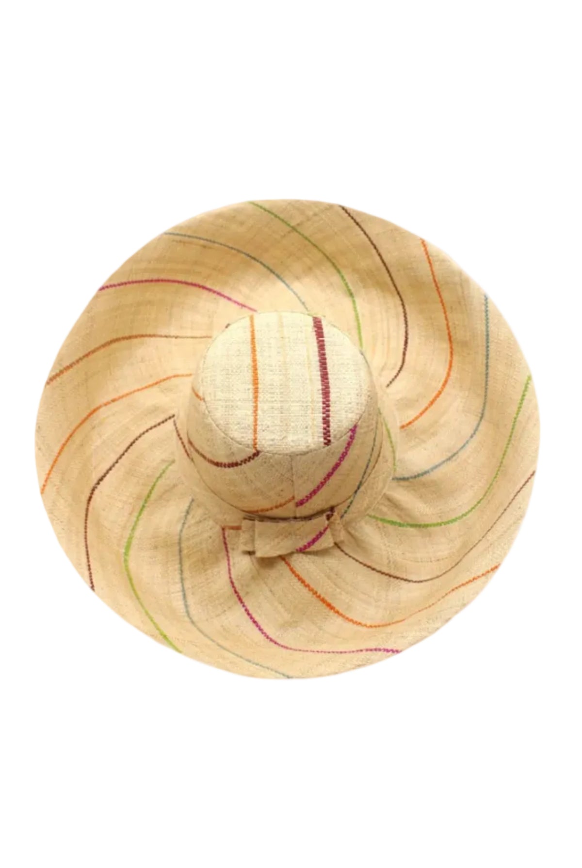 Monica 5" or 7" wide brim natural and brights multicolor pinstripes packable raffia straw hat handmade loomed raffia in wide bands of natural straw color with narrow bands of lime green, bordeaux red, fuchsia pink, orange, cinnaon/tobacco/brown, blush orange/pink, etc. create a stripe swirl pattern - Shebobo