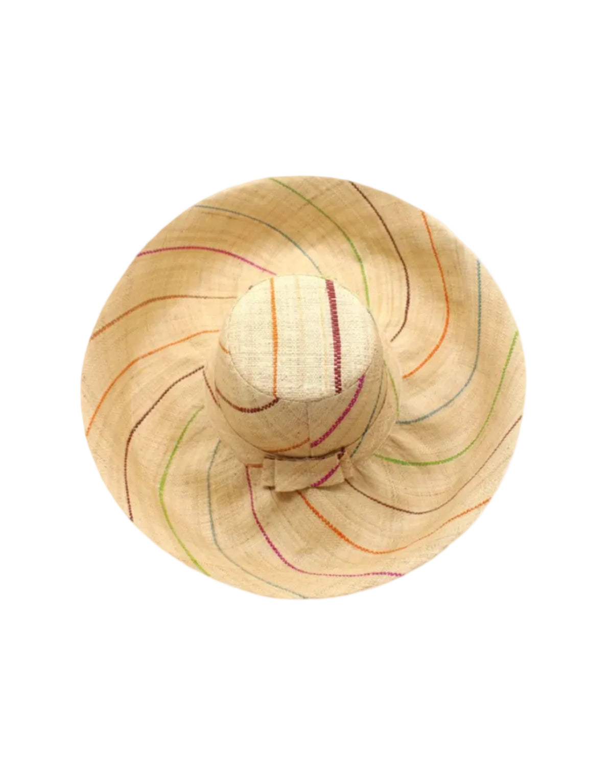 Monica 5" or 7" wide brim natural and brights multicolor pinstripes packable raffia straw hat handmade loomed raffia in wide bands of natural straw color with narrow bands of lime green, bordeaux red, fuchsia pink, orange, cinnaon/tobacco/brown, blush orange/pink, etc. create a stripe swirl pattern - Shebobo