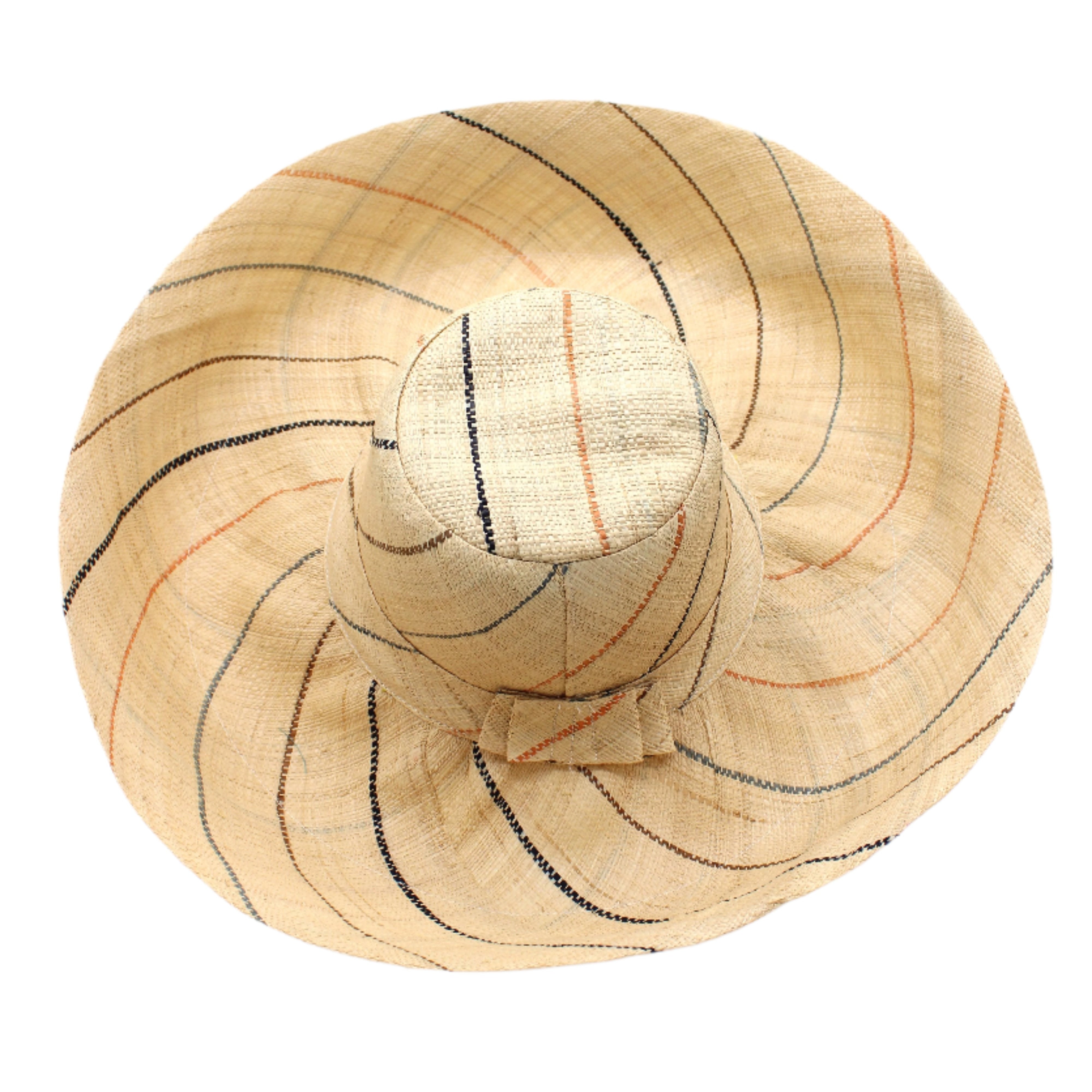 Monica 5" or 7" wide brim natural and Neutrals multicolor pinstripes packable raffia straw hat handmade loomed raffia in wide bands of natural straw color with narrow bands of blush orange/pink, cinnamon/tobacco/brown, black, and grey create a stripe swirl pattern - Shebobo