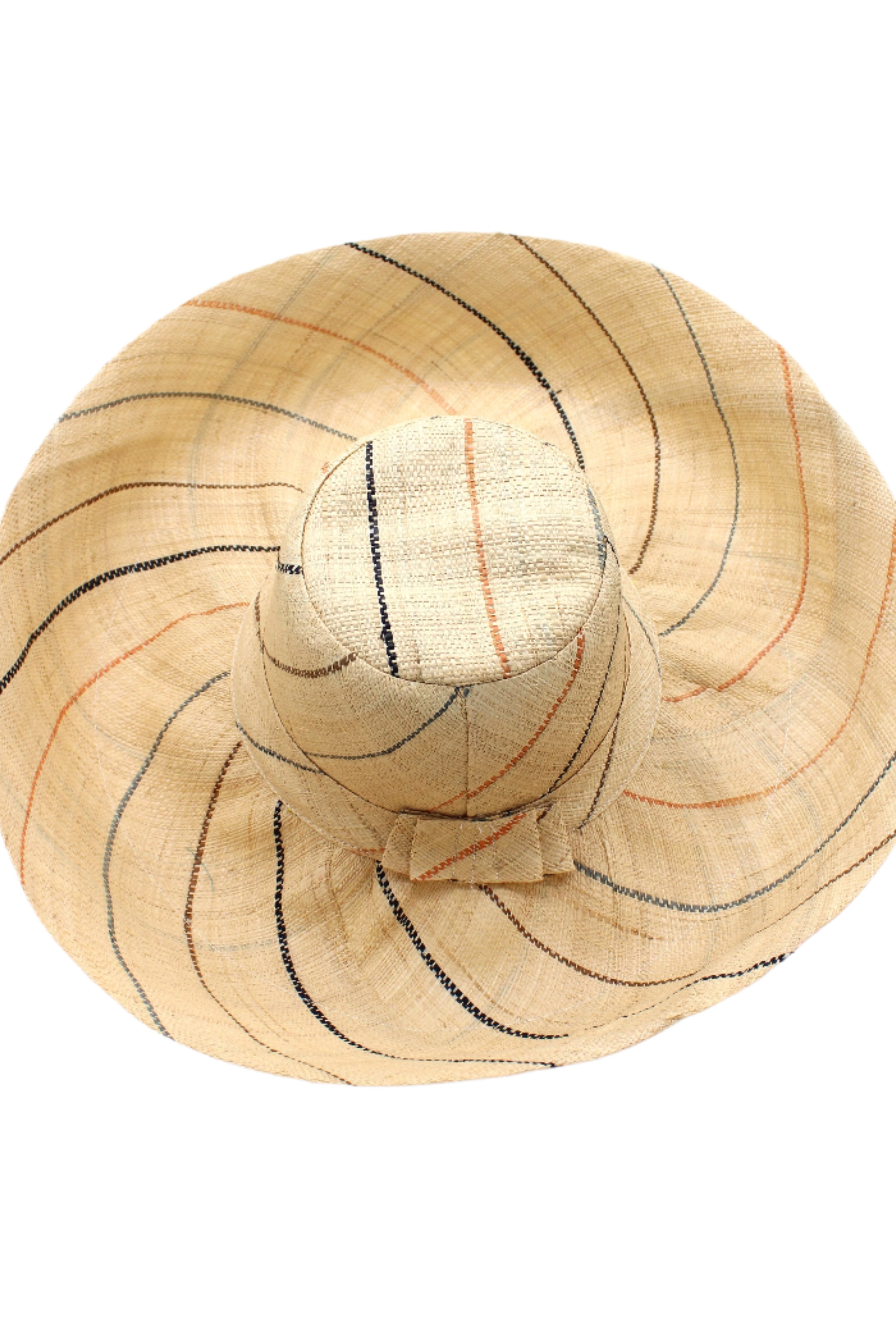 Monica 5" or 7" wide brim natural and Neutrals multicolor pinstripes packable raffia straw hat handmade loomed raffia in wide bands of natural straw color with narrow bands of blush orange/pink, cinnamon/tobacco/brown, black, and grey create a stripe swirl pattern - Shebobo