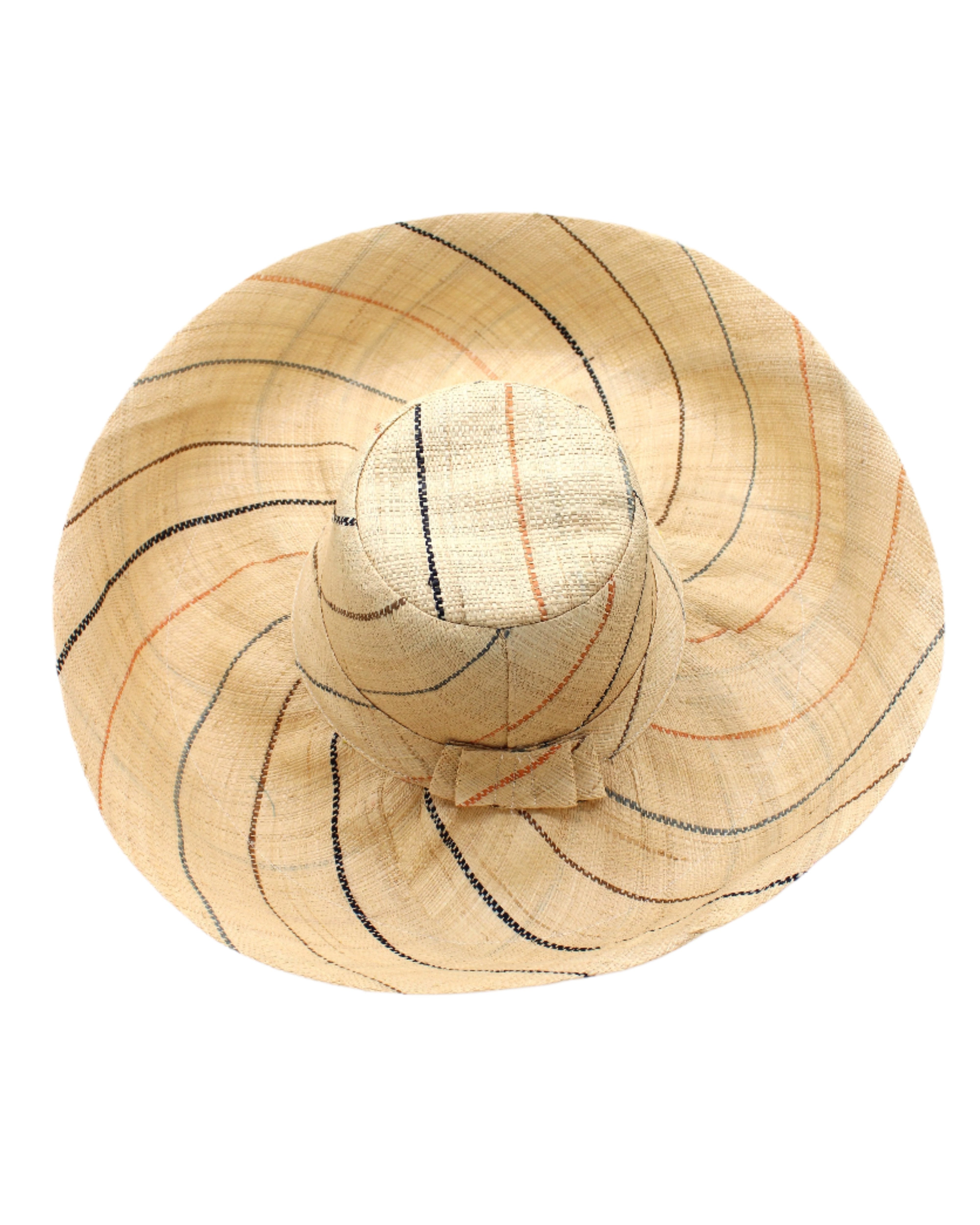 Monica 5" or 7" wide brim natural and Neutrals multicolor pinstripes packable raffia straw hat handmade loomed raffia in wide bands of natural straw color with narrow bands of blush orange/pink, cinnamon/tobacco/brown, black, and grey create a stripe swirl pattern - Shebobo